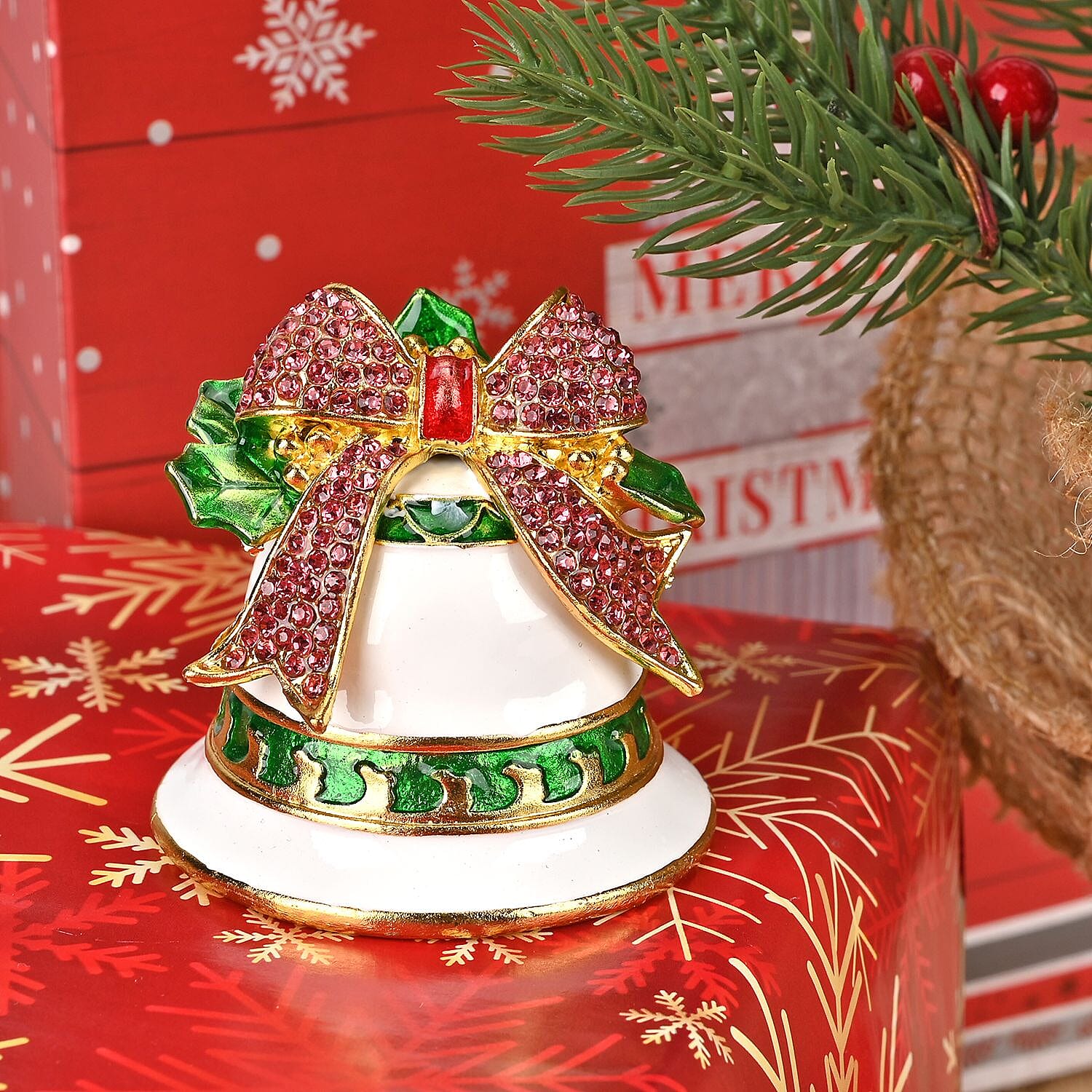 Christmas Bell Hand Painted Trinket Storage Box Enamelled With Sparkling Crystals - Green & Red