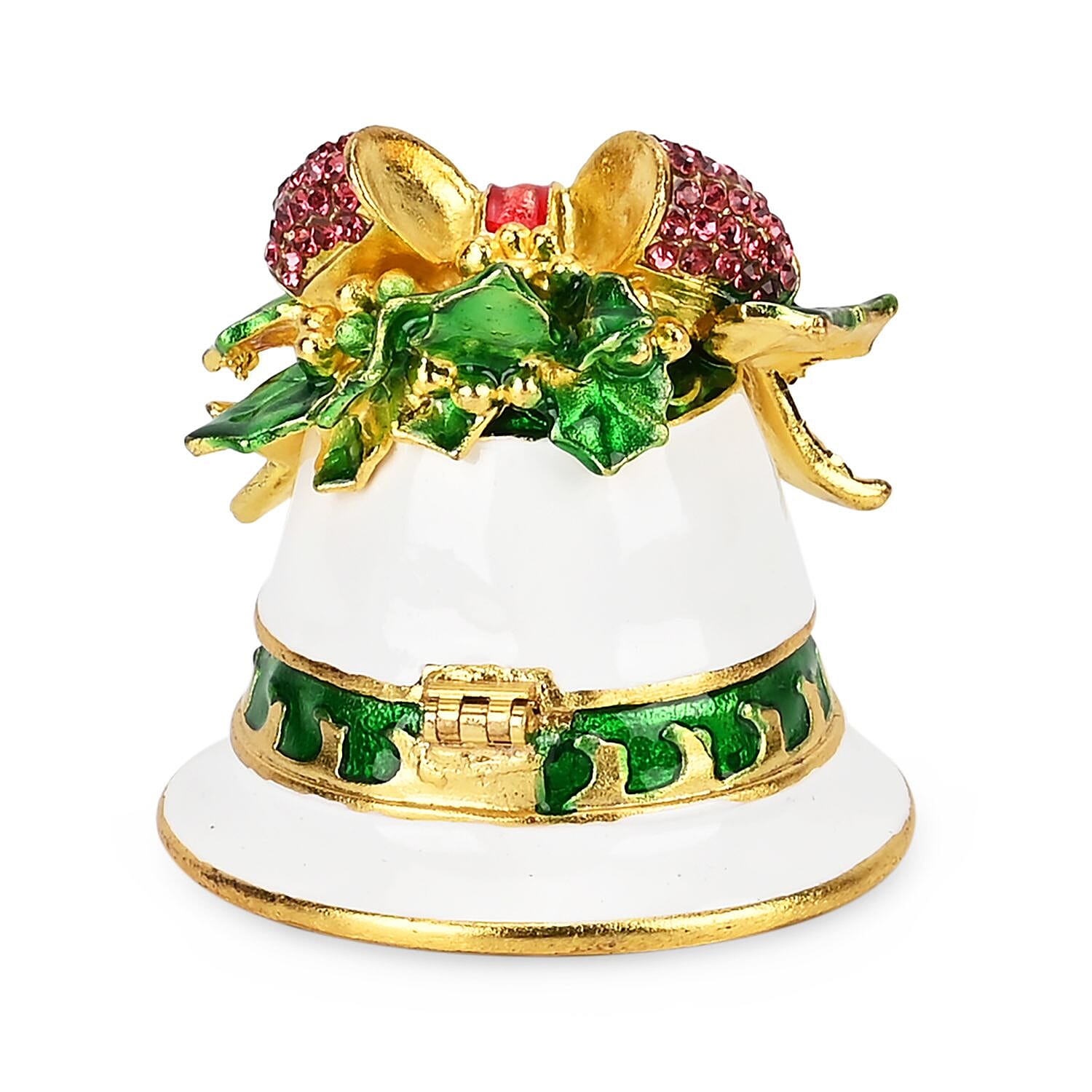 Christmas Bell Hand Painted Trinket Storage Box Enamelled With Sparkling Crystals - Green & Red