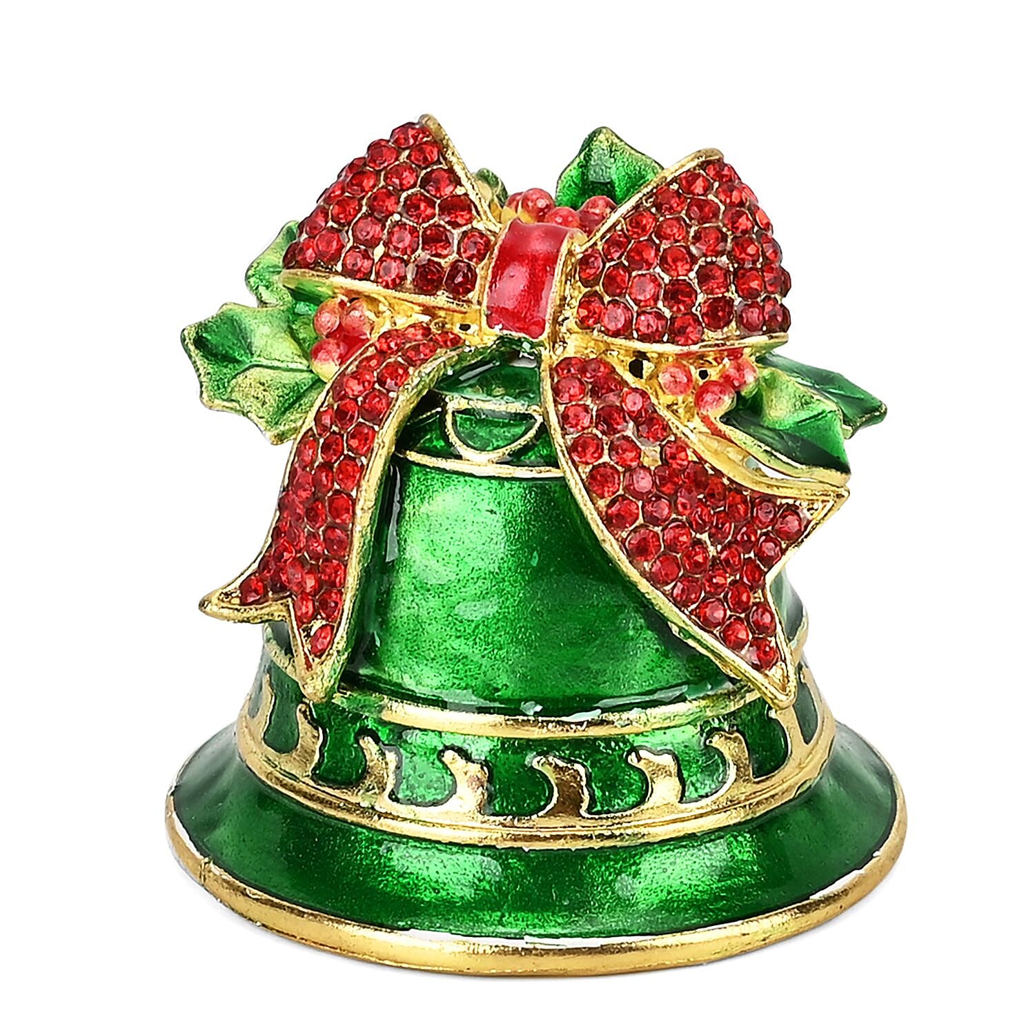 Christmas Bell Hand Painted Trinket Storage Box Enamelled With Sparkling Crystals - Green & Red