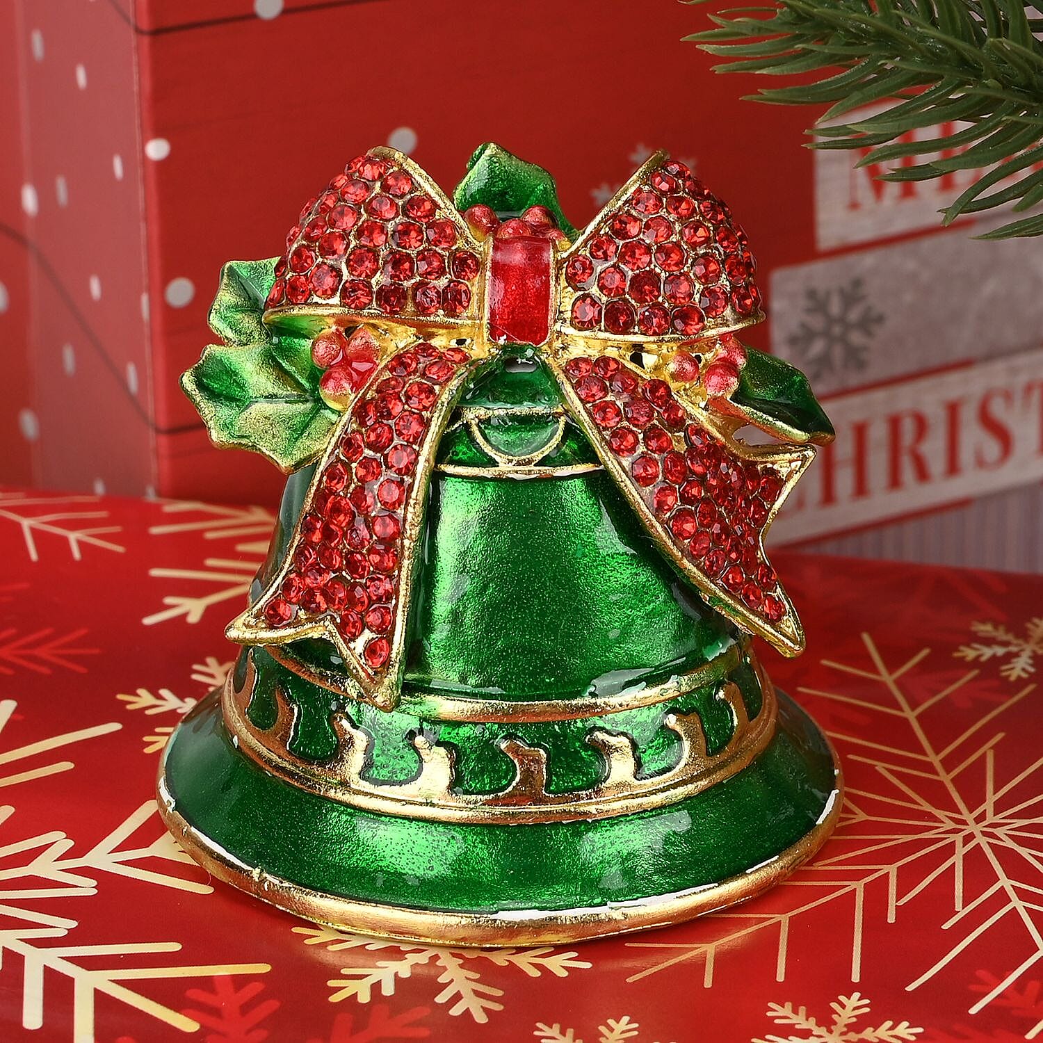 Christmas Bell Hand Painted Trinket Storage Box Enamelled With Sparkling Crystals - Green & Red