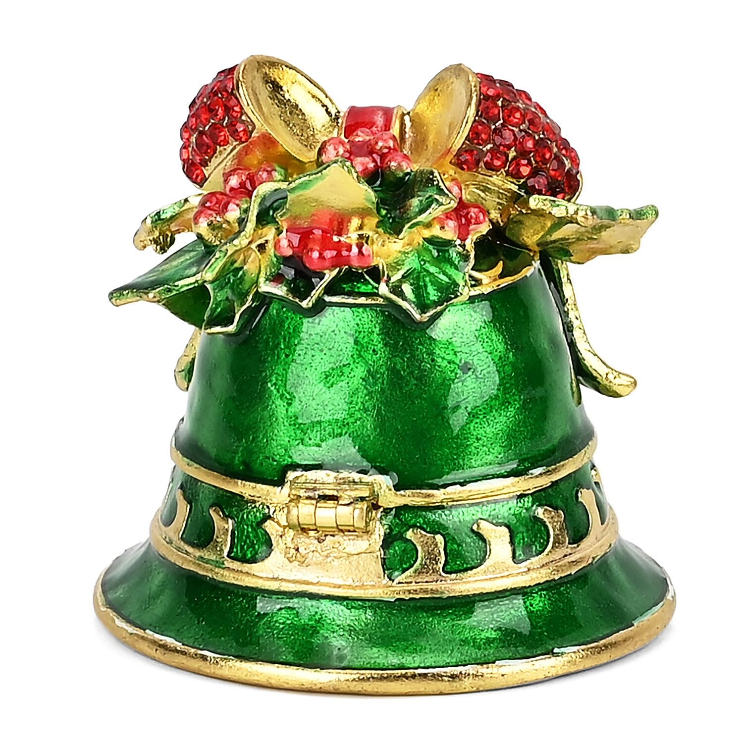 Christmas Bell Hand Painted Trinket Storage Box Enamelled With Sparkling Crystals - Green & Red