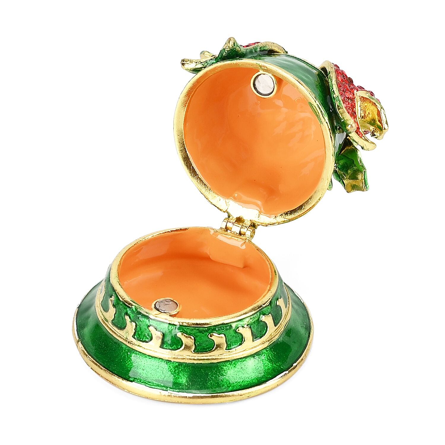Christmas Bell Hand Painted Trinket Storage Box Enamelled With Sparkling Crystals - Green & Red