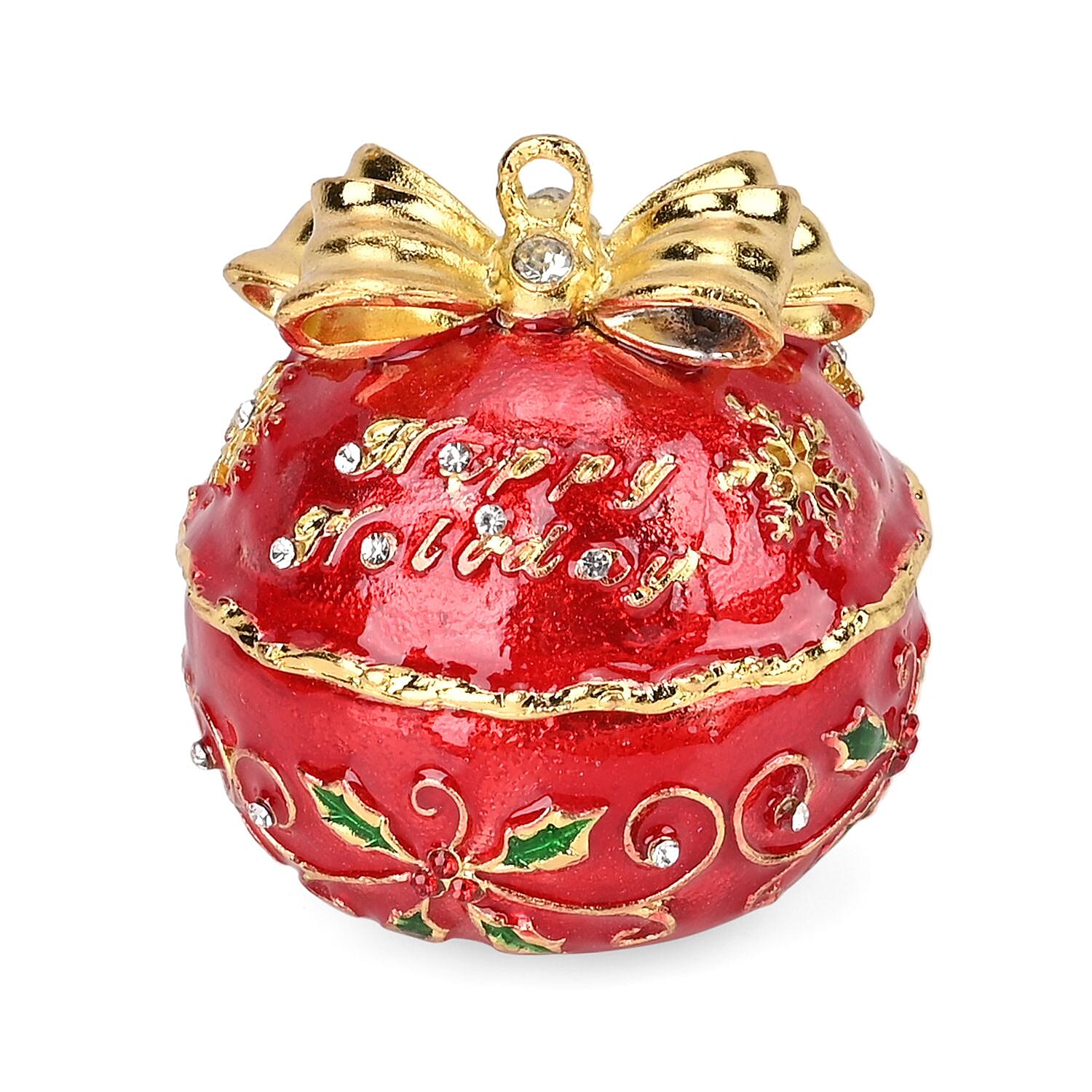 Christmas Ball Trinket Storage Box with Hand Painted Colorful Enamel & Jeweled with Sparkling Crystals - Red
