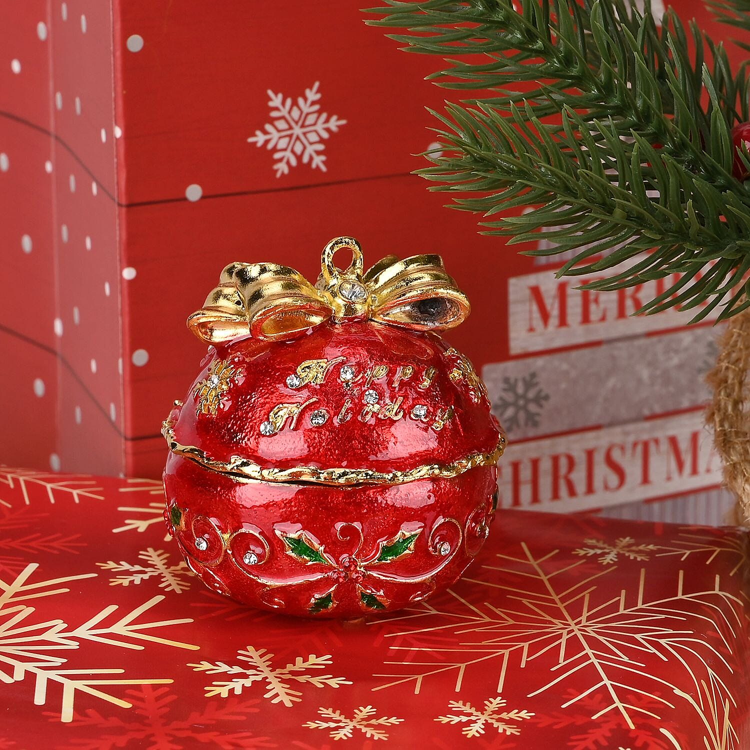 Christmas Ball Trinket Storage Box with Hand Painted Colorful Enamel & Jeweled with Sparkling Crystals - Red