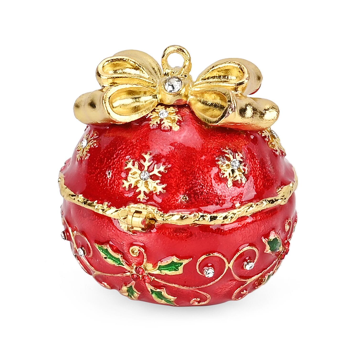 Christmas Ball Trinket Storage Box with Hand Painted Colorful Enamel & Jeweled with Sparkling Crystals - Red