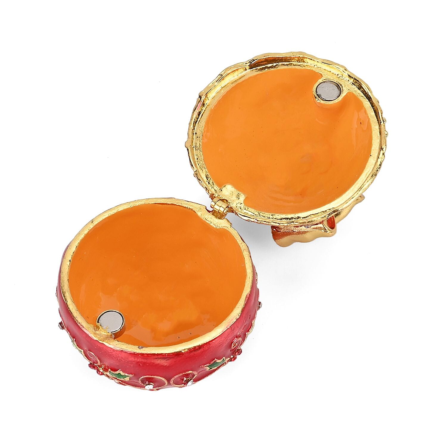 Christmas Ball Trinket Storage Box with Hand Painted Colorful Enamel & Jeweled with Sparkling Crystals - Red