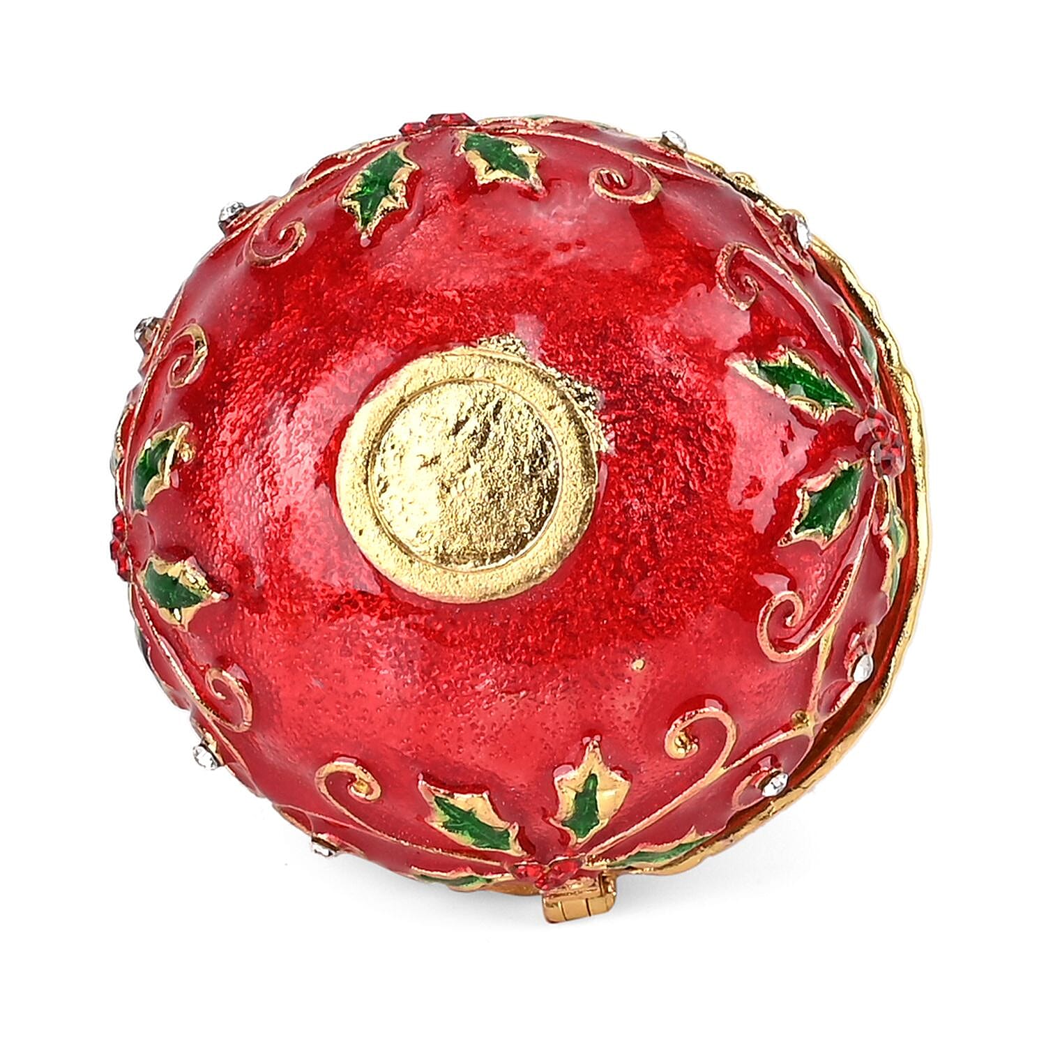 Christmas Ball Trinket Storage Box with Hand Painted Colorful Enamel & Jeweled with Sparkling Crystals - Red