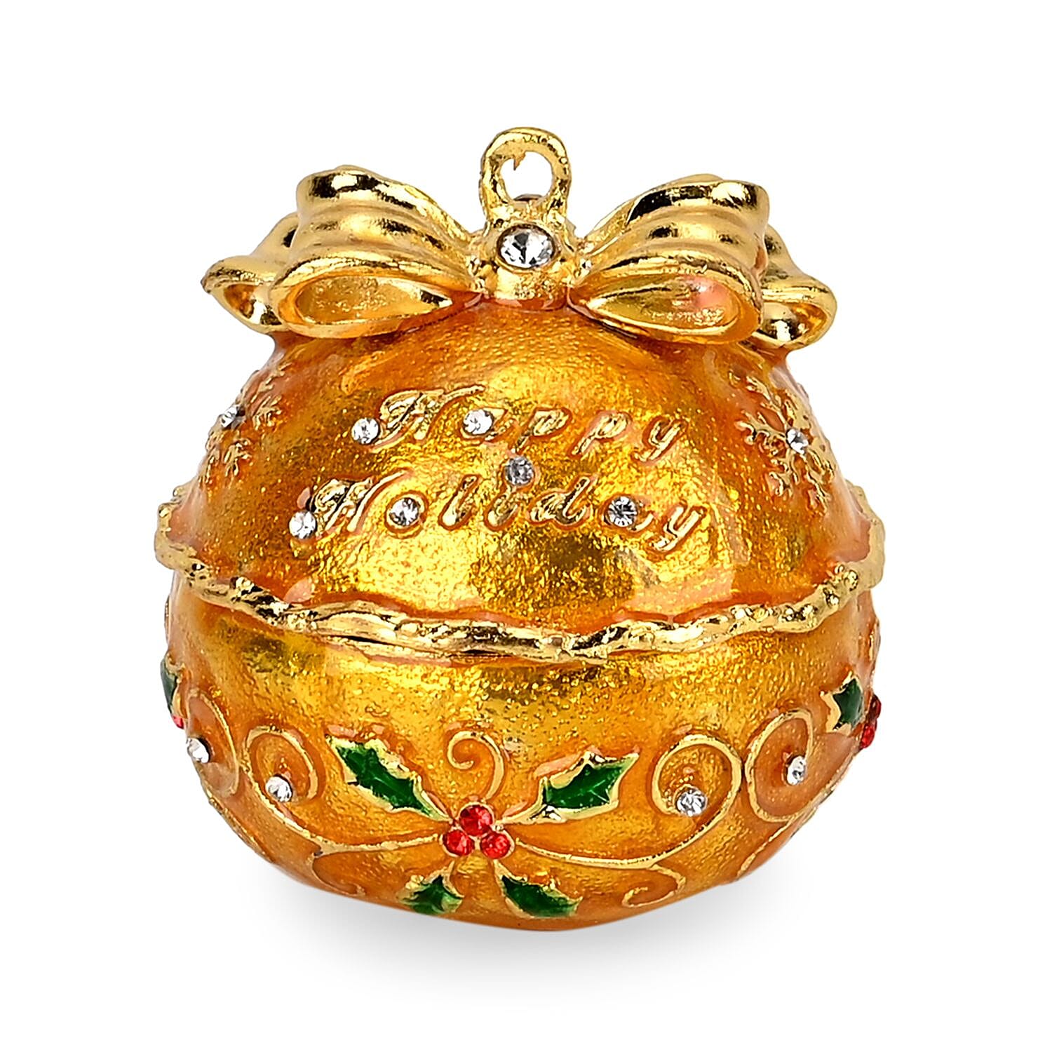 Christmas Ball Trinket Storage Box with Hand Painted Colorful Enamel & Jeweled with Sparkling Crystals - Yellow