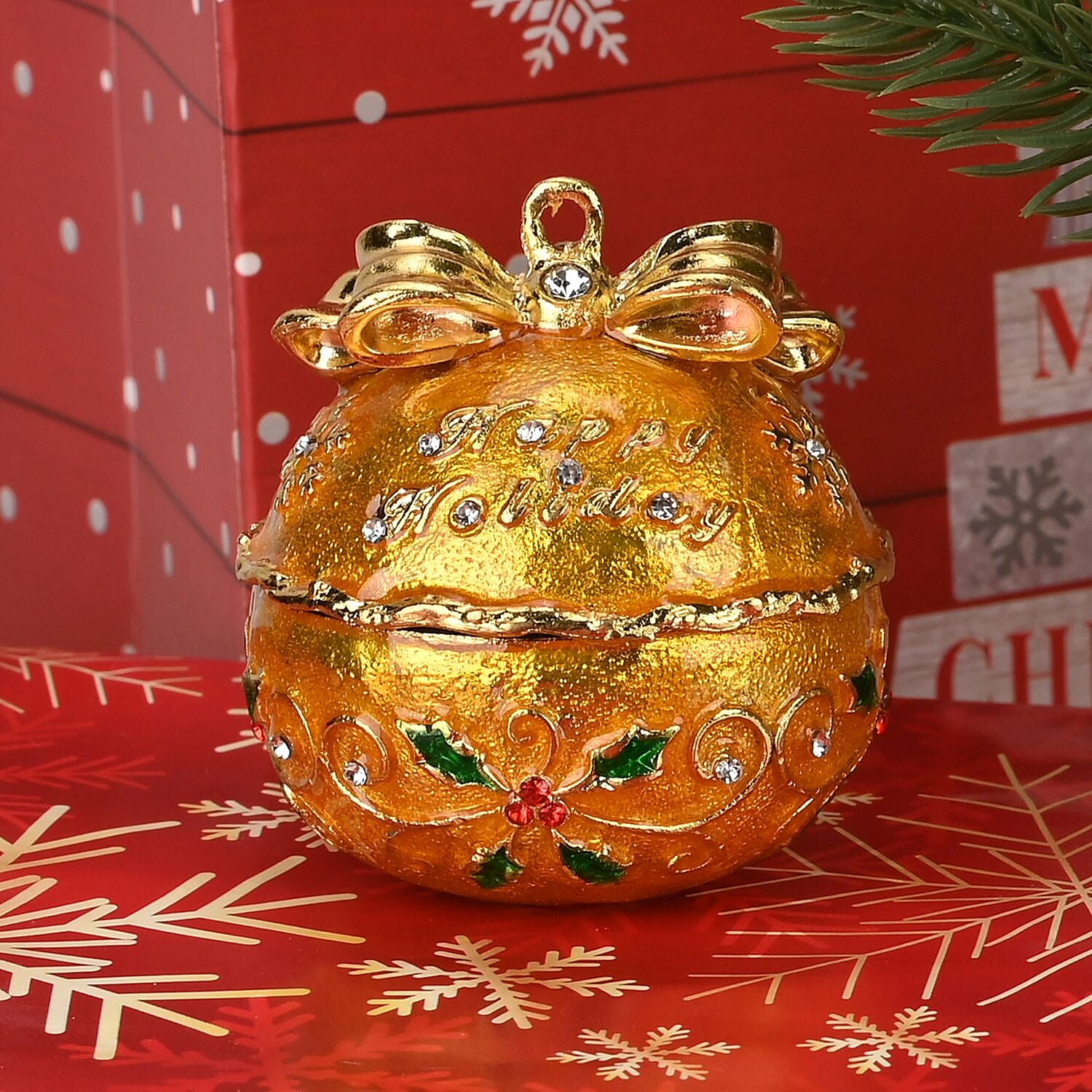 Christmas Ball Trinket Storage Box with Hand Painted Colorful Enamel & Jeweled with Sparkling Crystals - Yellow