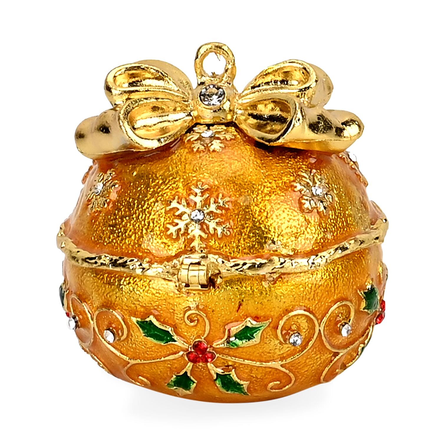 Christmas Ball Trinket Storage Box with Hand Painted Colorful Enamel & Jeweled with Sparkling Crystals - Yellow