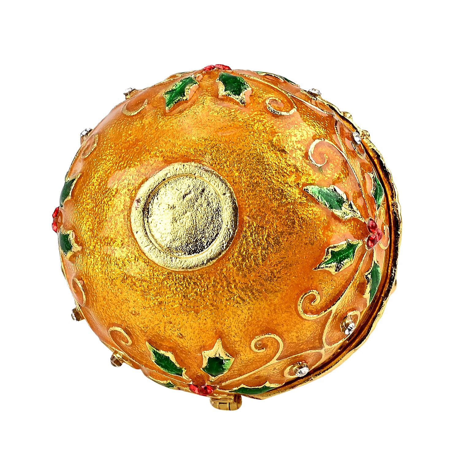 Christmas Ball Trinket Storage Box with Hand Painted Colorful Enamel & Jeweled with Sparkling Crystals - Yellow