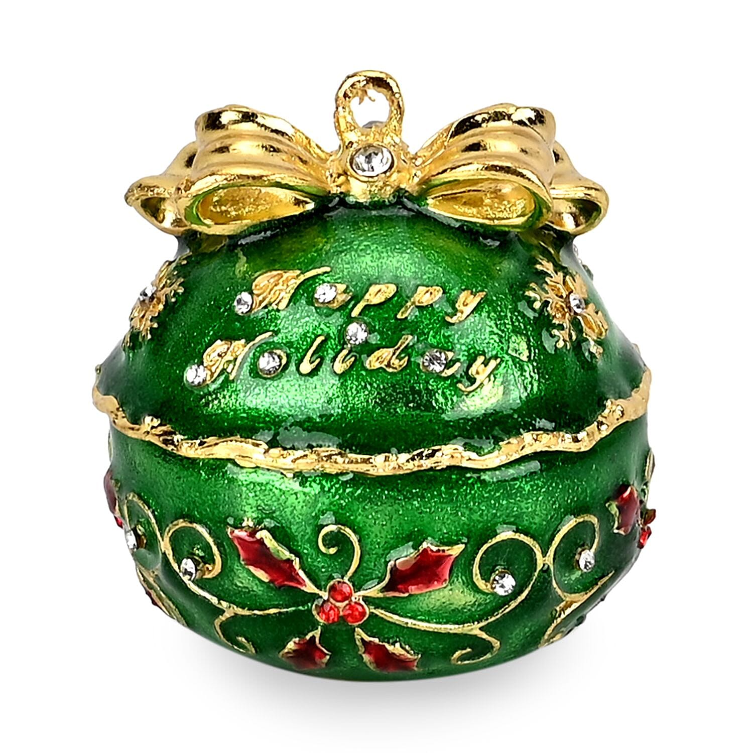 Christmas Ball Trinket Storage Box with Hand Painted Colorful Enamel & Jeweled with Sparkling Crystals - Green