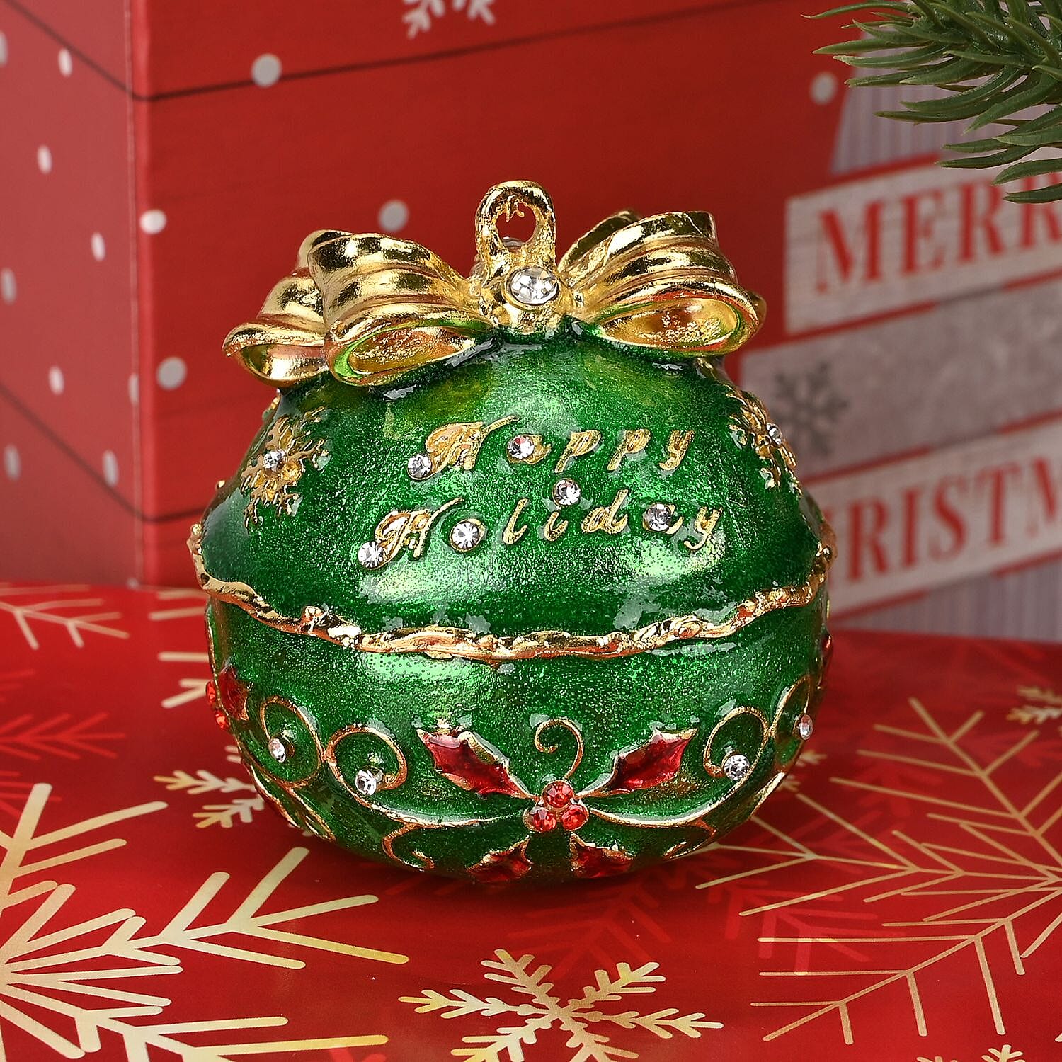 Christmas Ball Trinket Storage Box with Hand Painted Colorful Enamel & Jeweled with Sparkling Crystals - Green
