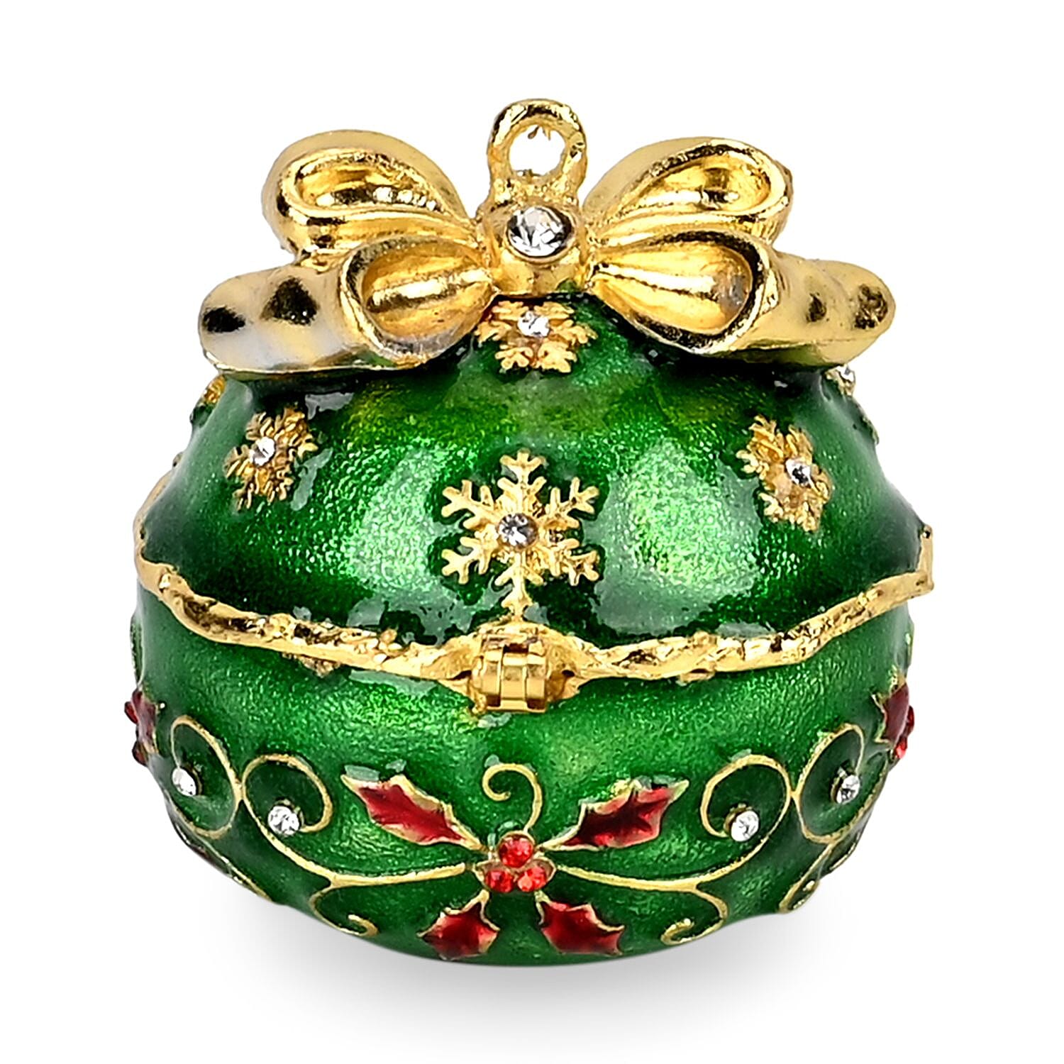 Christmas Ball Trinket Storage Box with Hand Painted Colorful Enamel & Jeweled with Sparkling Crystals - Green