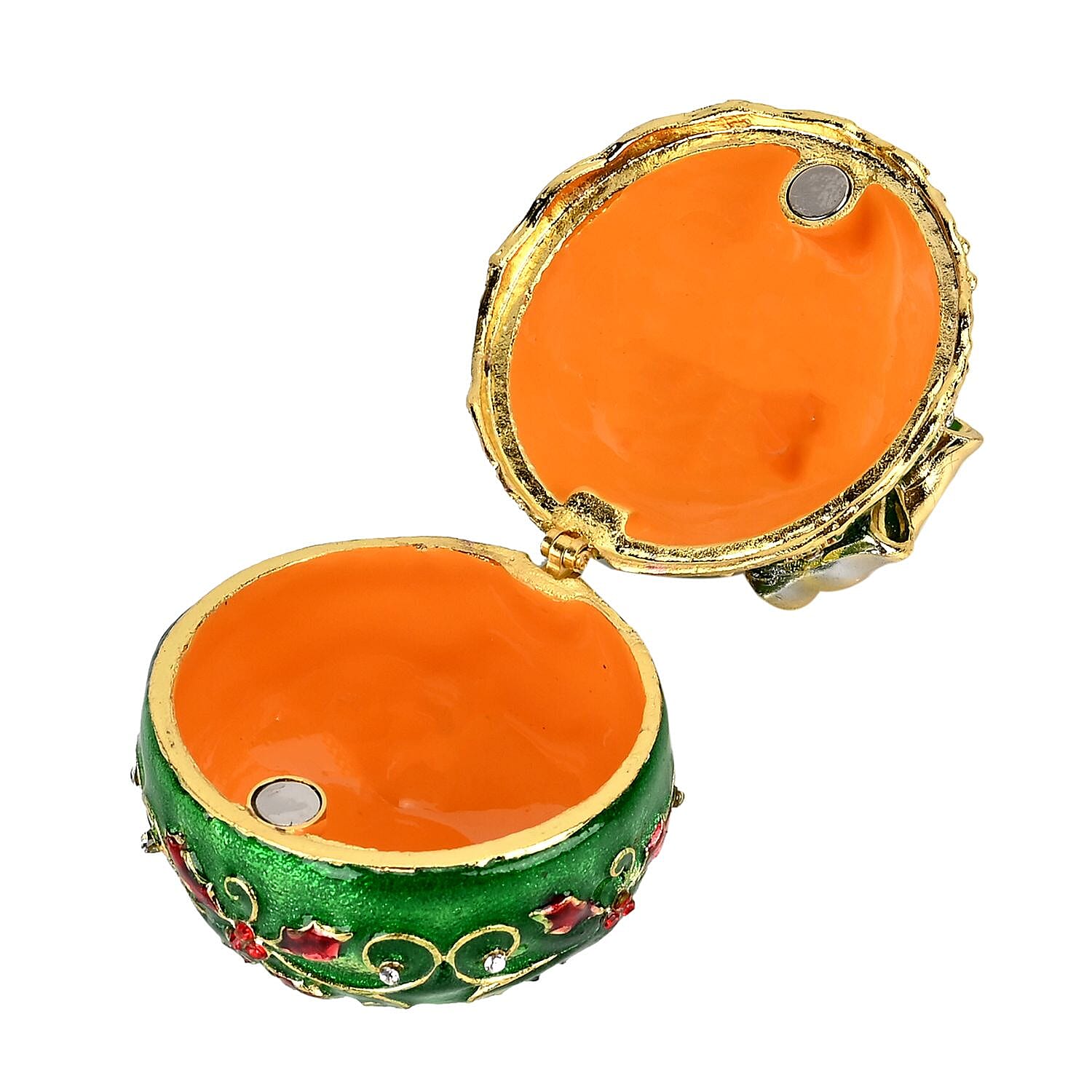 Christmas Ball Trinket Storage Box with Hand Painted Colorful Enamel & Jeweled with Sparkling Crystals - Green