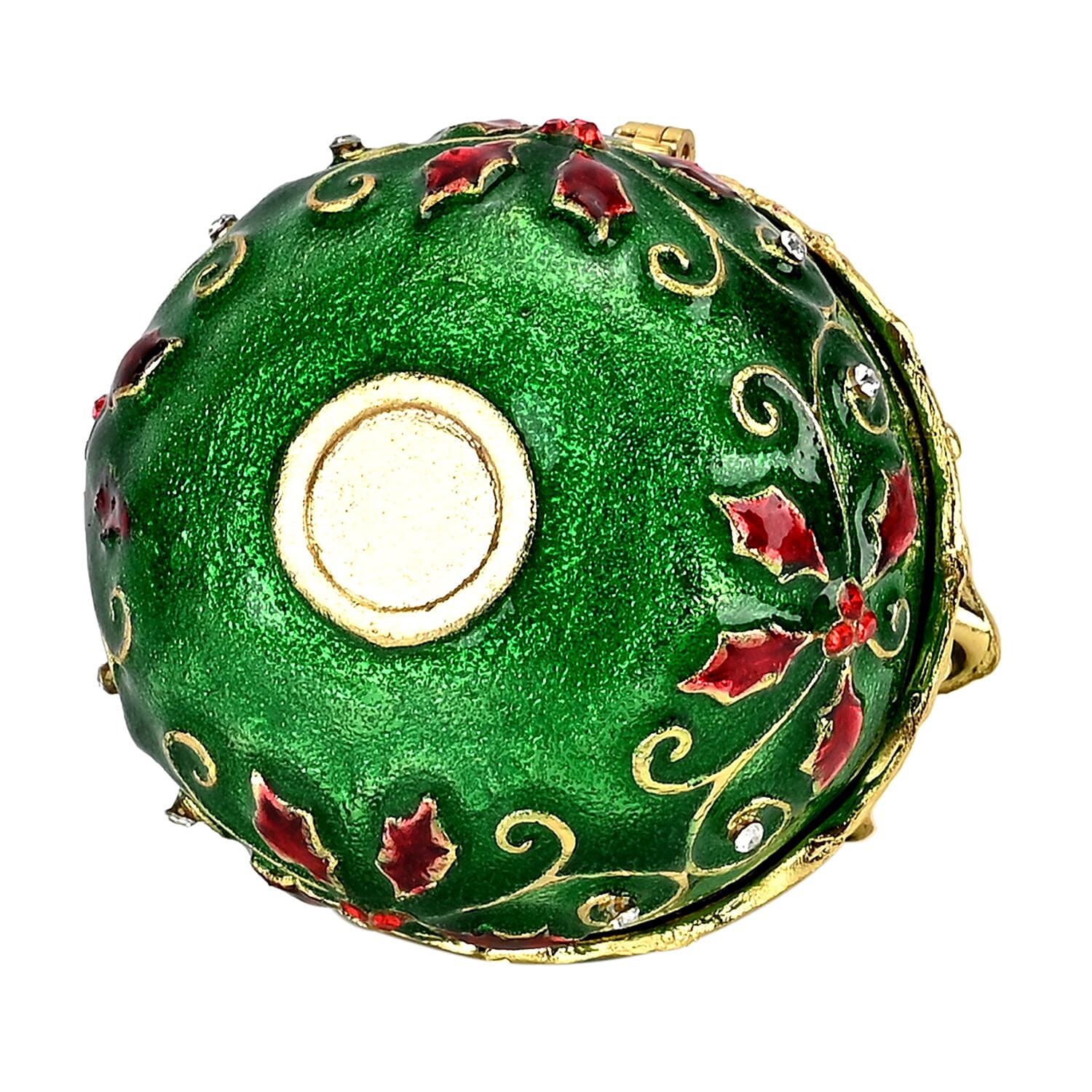 Christmas Ball Trinket Storage Box with Hand Painted Colorful Enamel & Jeweled with Sparkling Crystals - Green