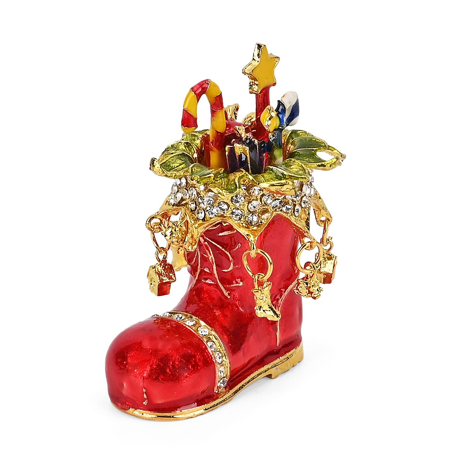 Christmas Santas Shoe Hand Painted Trinket Storage Box Enamelled With Sparkling Crystals - Multi