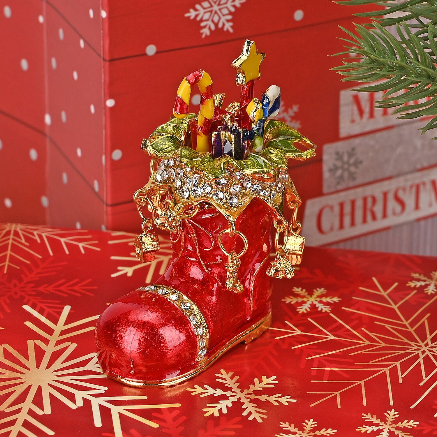 Christmas Santas Shoe Hand Painted Trinket Storage Box Enamelled With Sparkling Crystals - Multi