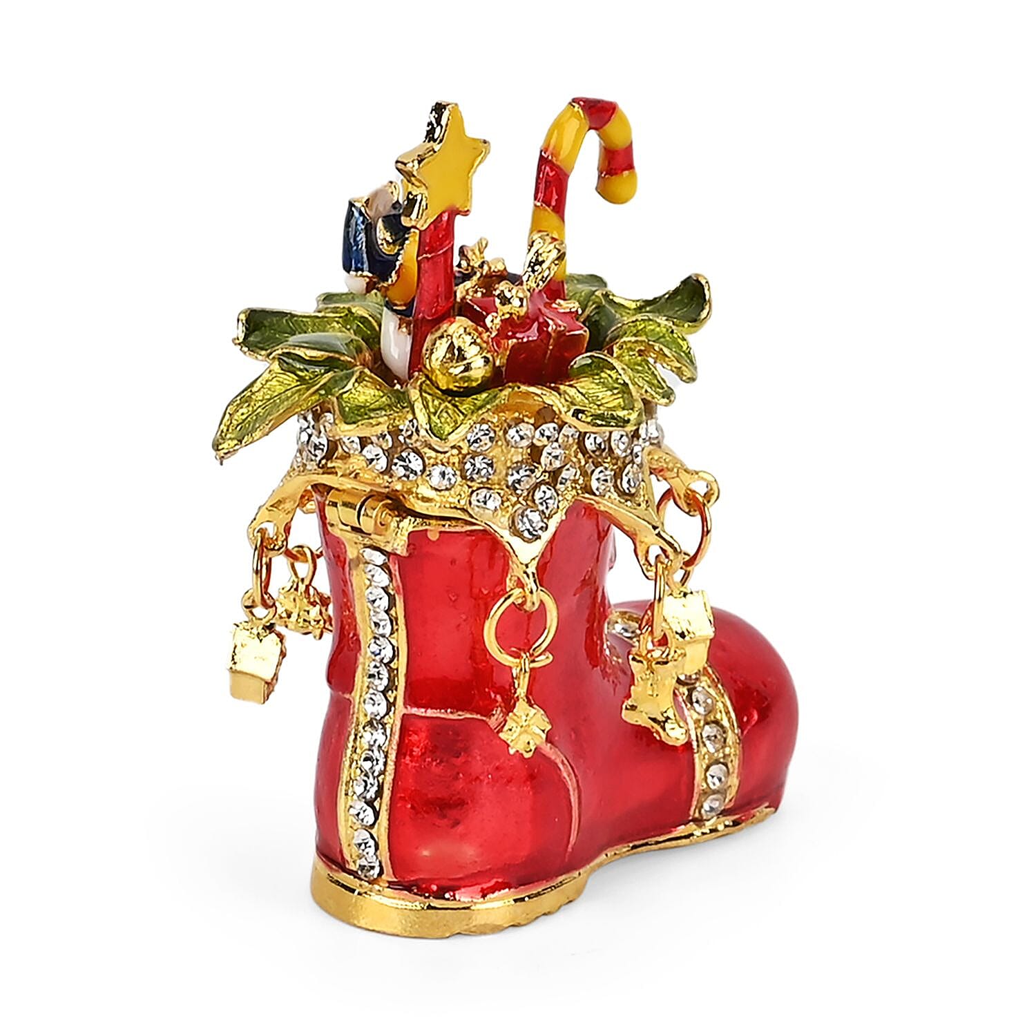 Christmas Santas Shoe Hand Painted Trinket Storage Box Enamelled With Sparkling Crystals - Multi