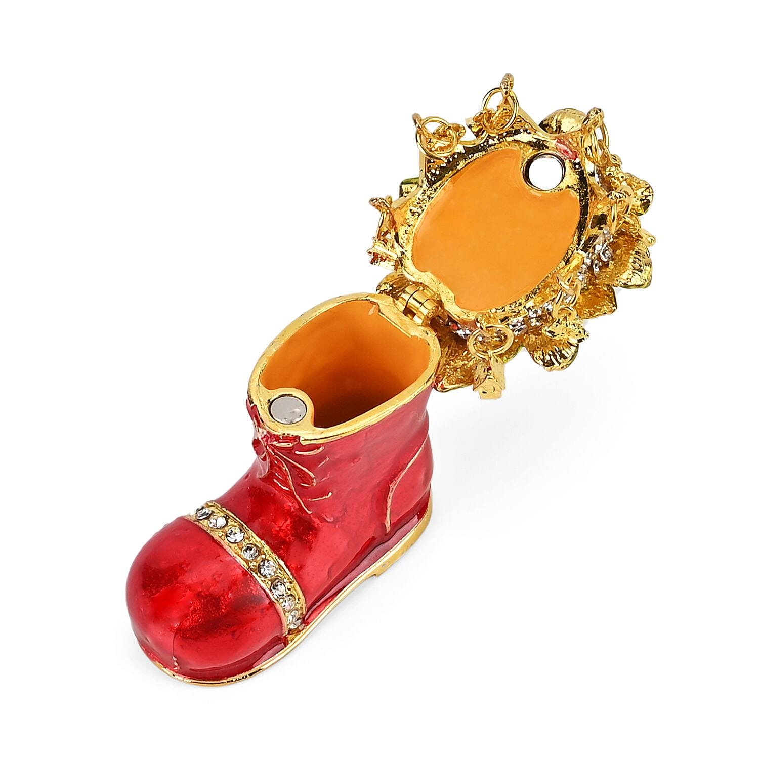 Christmas Santas Shoe Hand Painted Trinket Storage Box Enamelled With Sparkling Crystals - Multi