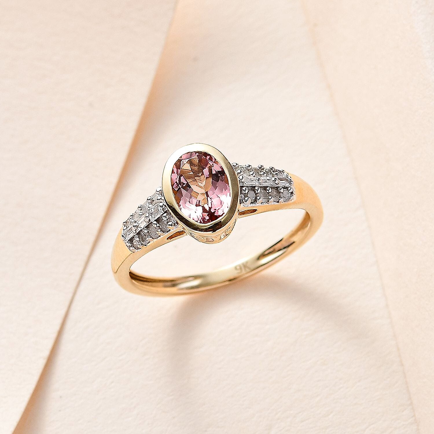 9K Yellow Gold Blush Tourmaline & Diamond Ring 0.92 Ct
