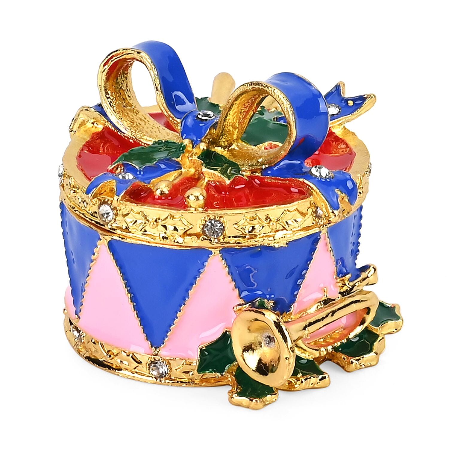 Christmas Drum Hand Painted Trinket Storage Box Enamelled With Sparkling Crystals - Blue - Multi