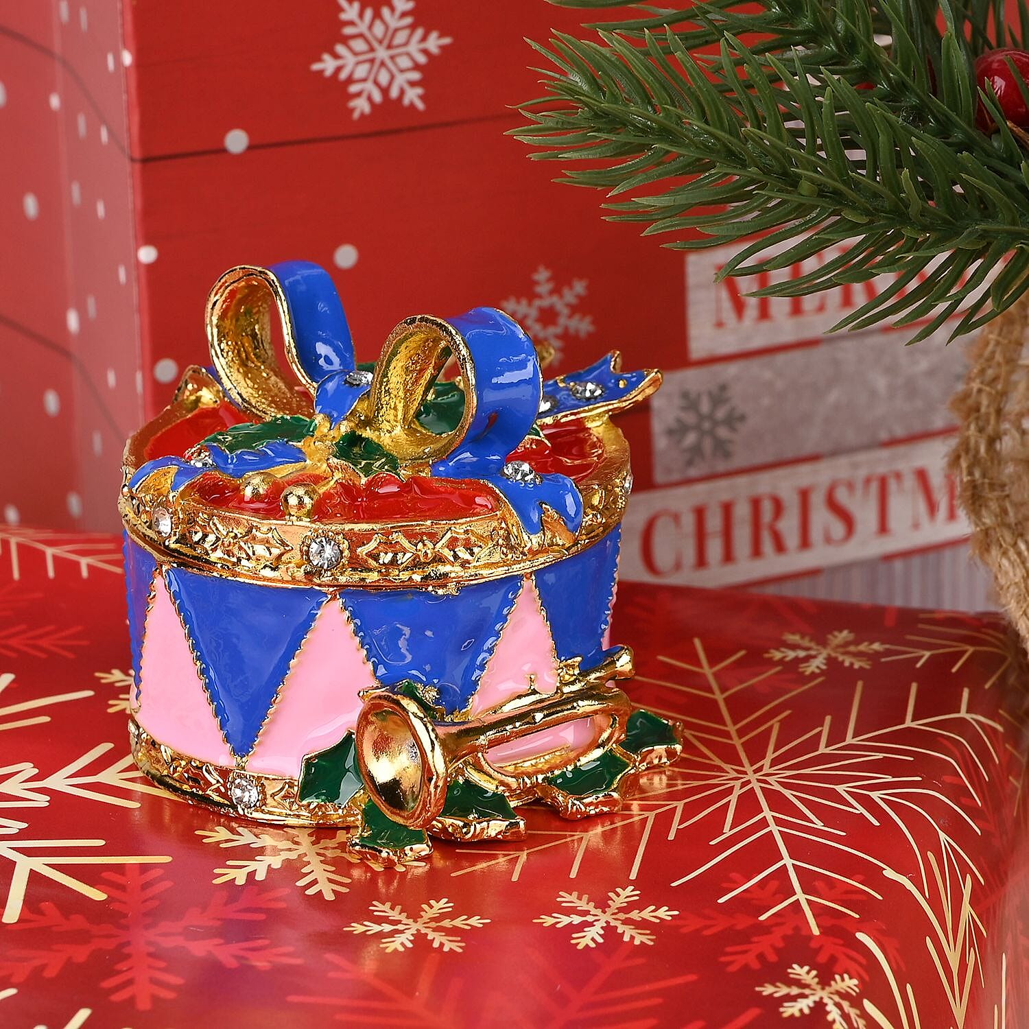 Christmas Drum Hand Painted Trinket Storage Box Enamelled With Sparkling Crystals - Blue - Multi