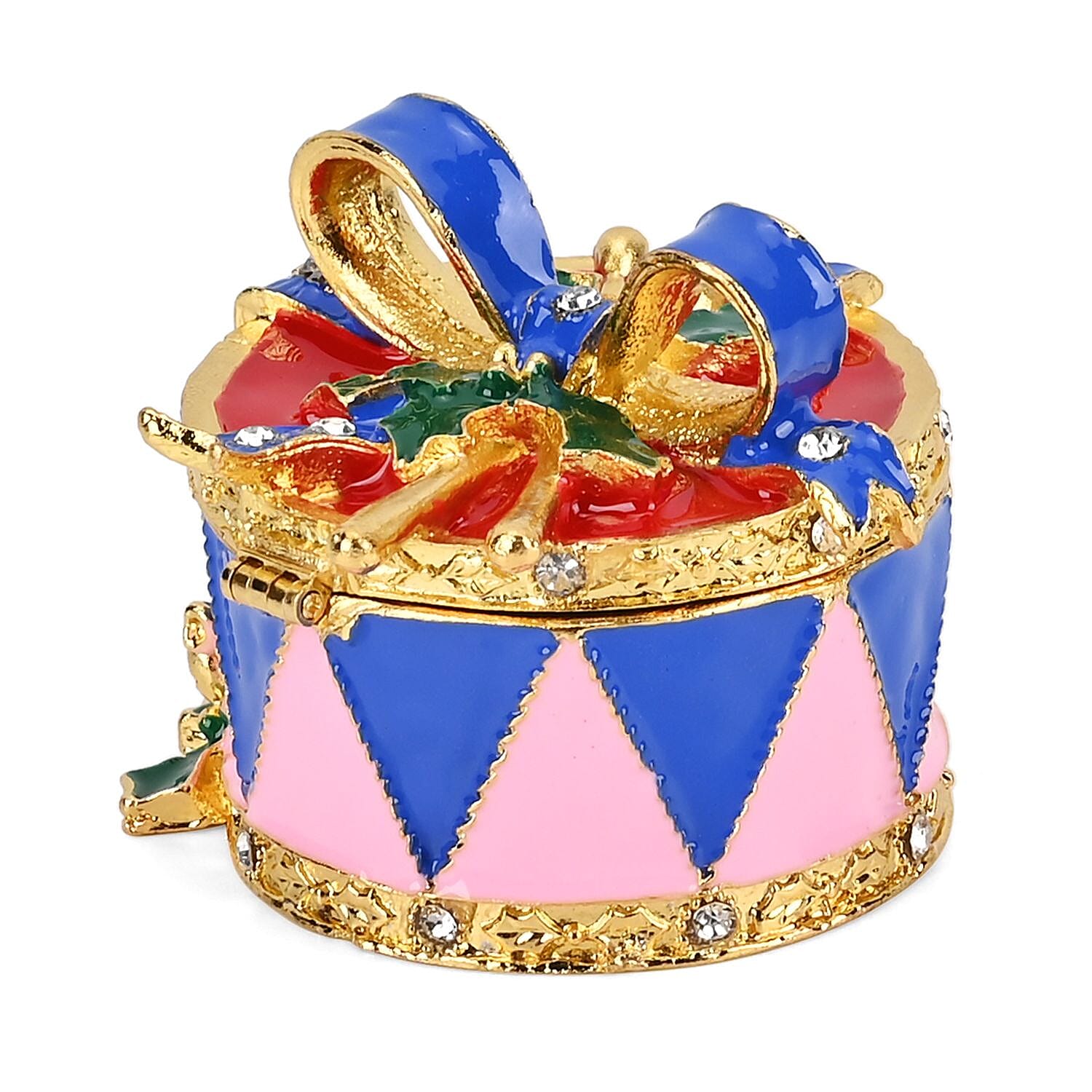 Christmas Drum Hand Painted Trinket Storage Box Enamelled With Sparkling Crystals - Blue - Multi