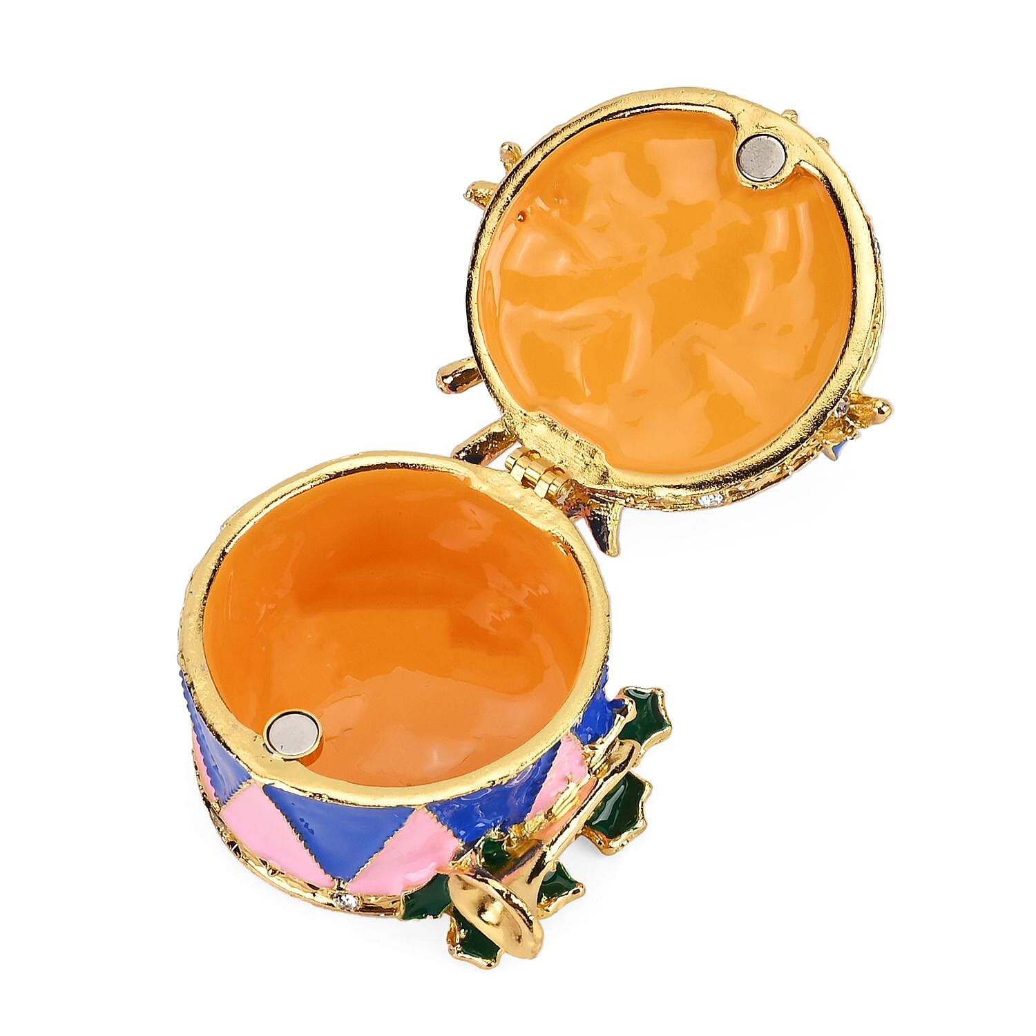 Christmas Drum Hand Painted Trinket Storage Box Enamelled With Sparkling Crystals - Blue - Multi