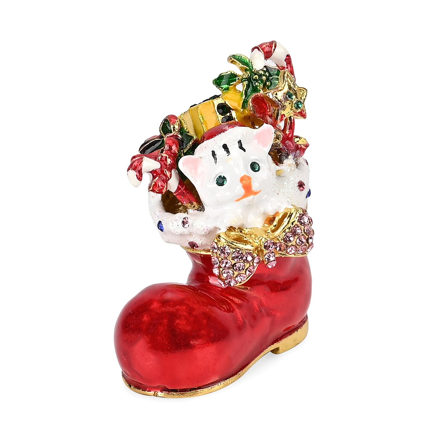 Christmas Santas Shoe & Cat Hand Painted Trinket Storage Box Enamelled With Sparkling Crystals - Multi