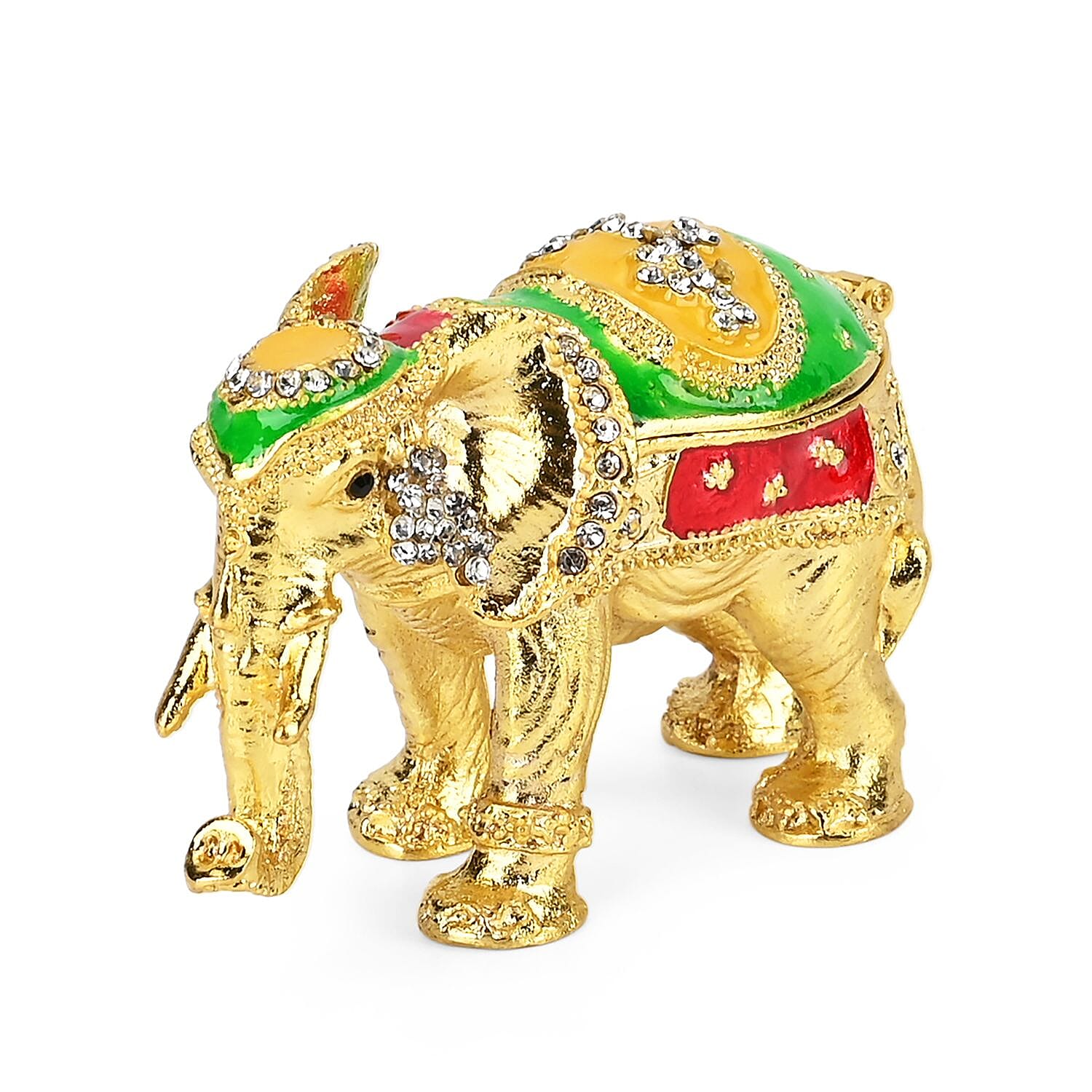 Elephant Hand Painted Trinket Storage Box Enamelled With Sparkling Crystals - Gold & Green