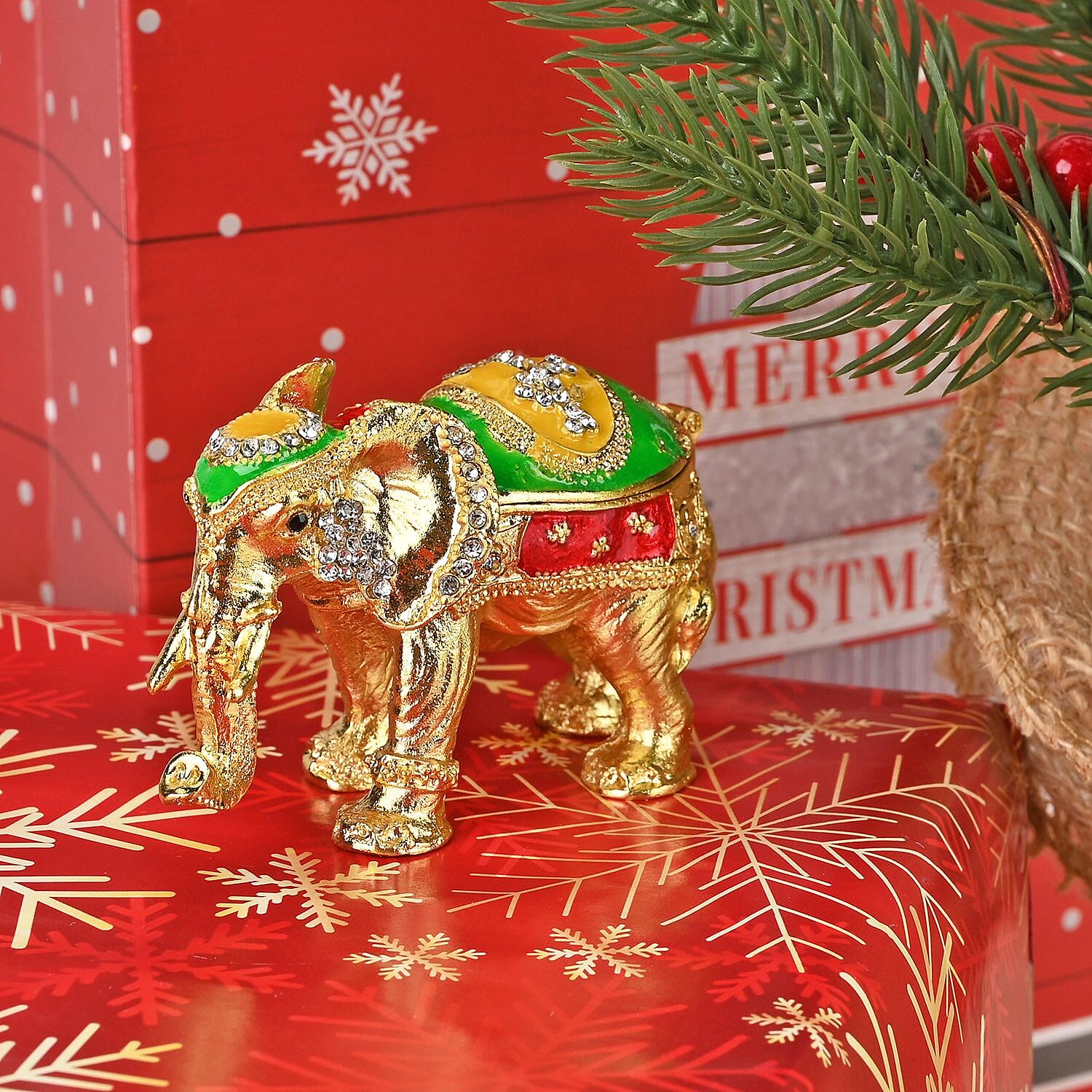 Elephant Hand Painted Trinket Storage Box Enamelled With Sparkling Crystals - Gold & Green