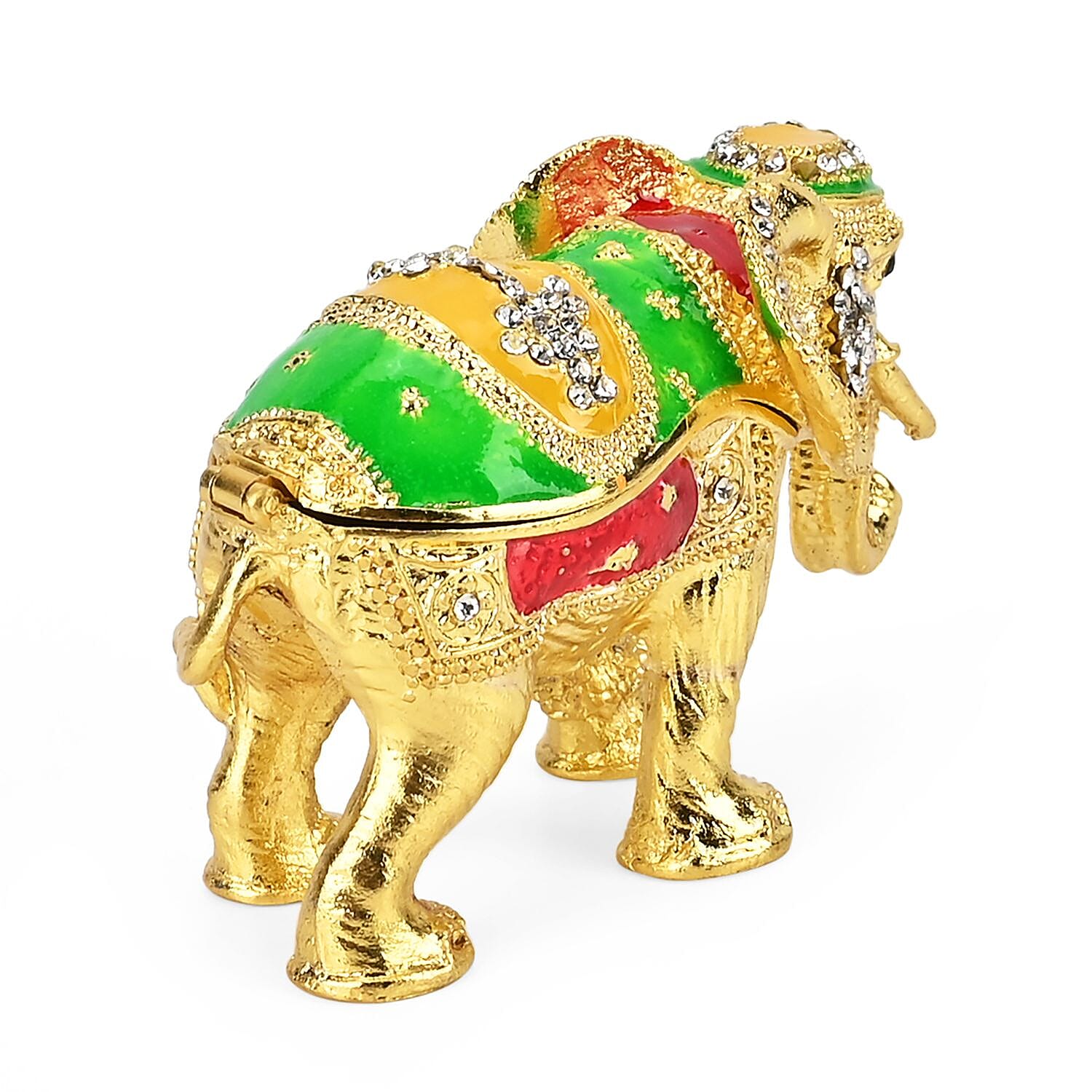 Elephant Hand Painted Trinket Storage Box Enamelled With Sparkling Crystals - Gold & Green