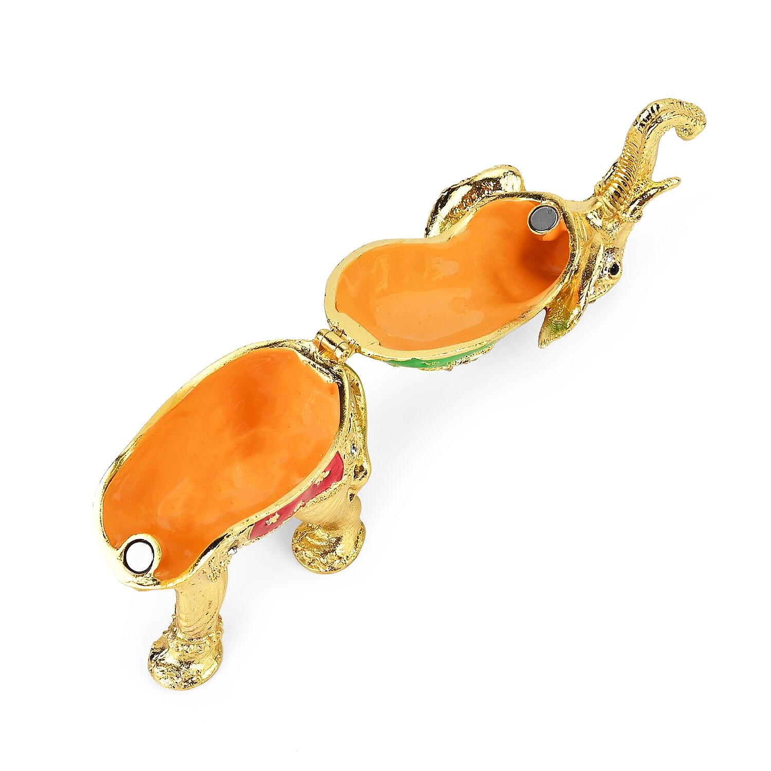 Elephant Hand Painted Trinket Storage Box Enamelled With Sparkling Crystals - Gold & Green