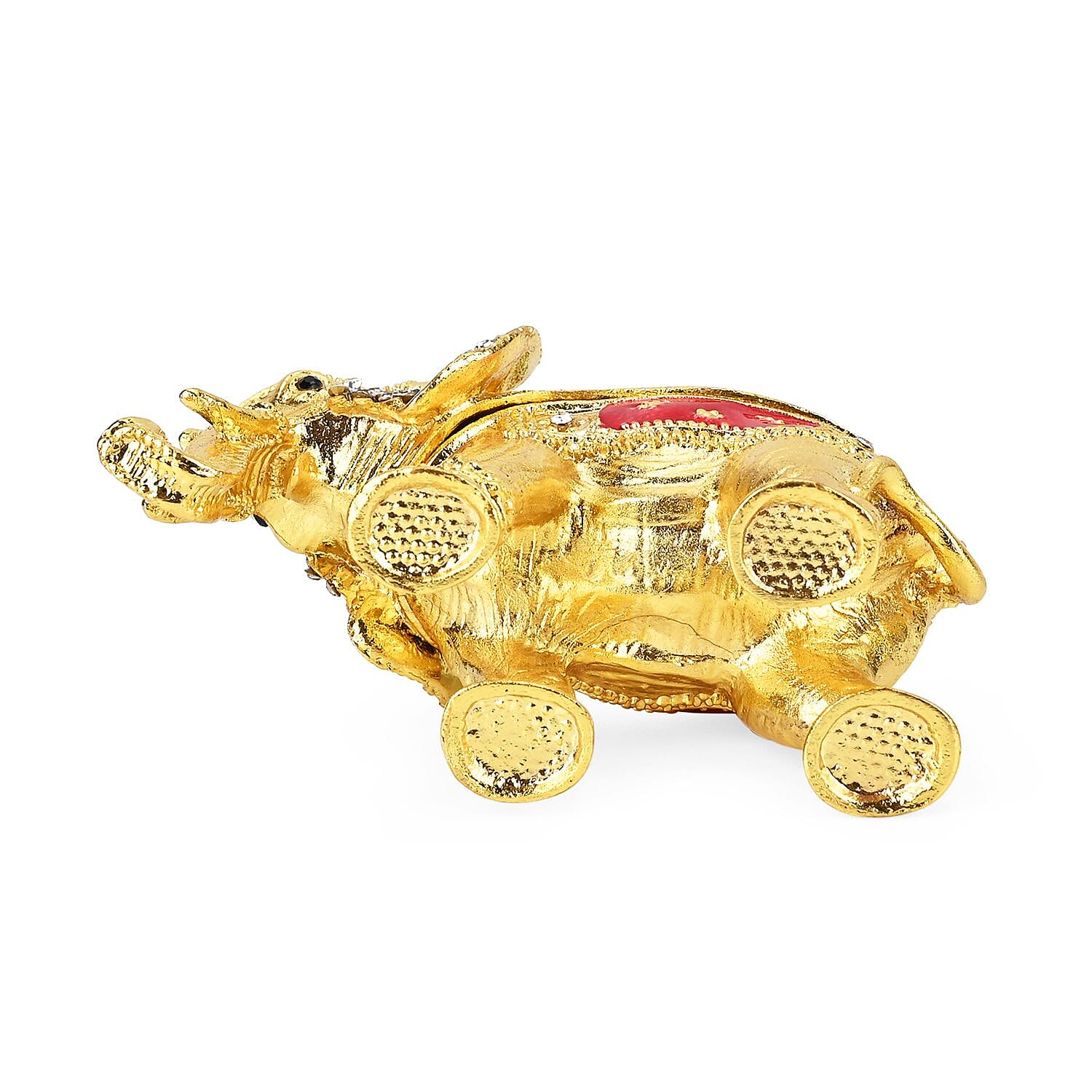 Elephant Hand Painted Trinket Storage Box Enamelled With Sparkling Crystals - Gold & Green