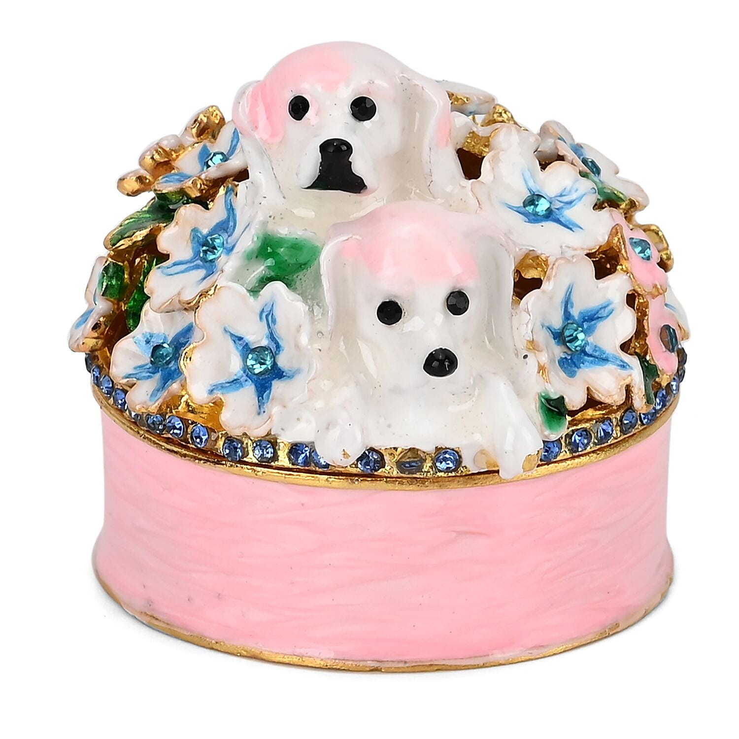 Hand Painted Dog Trinket Box Enamelled & Jewelled With Sparking Crystals - Pink
