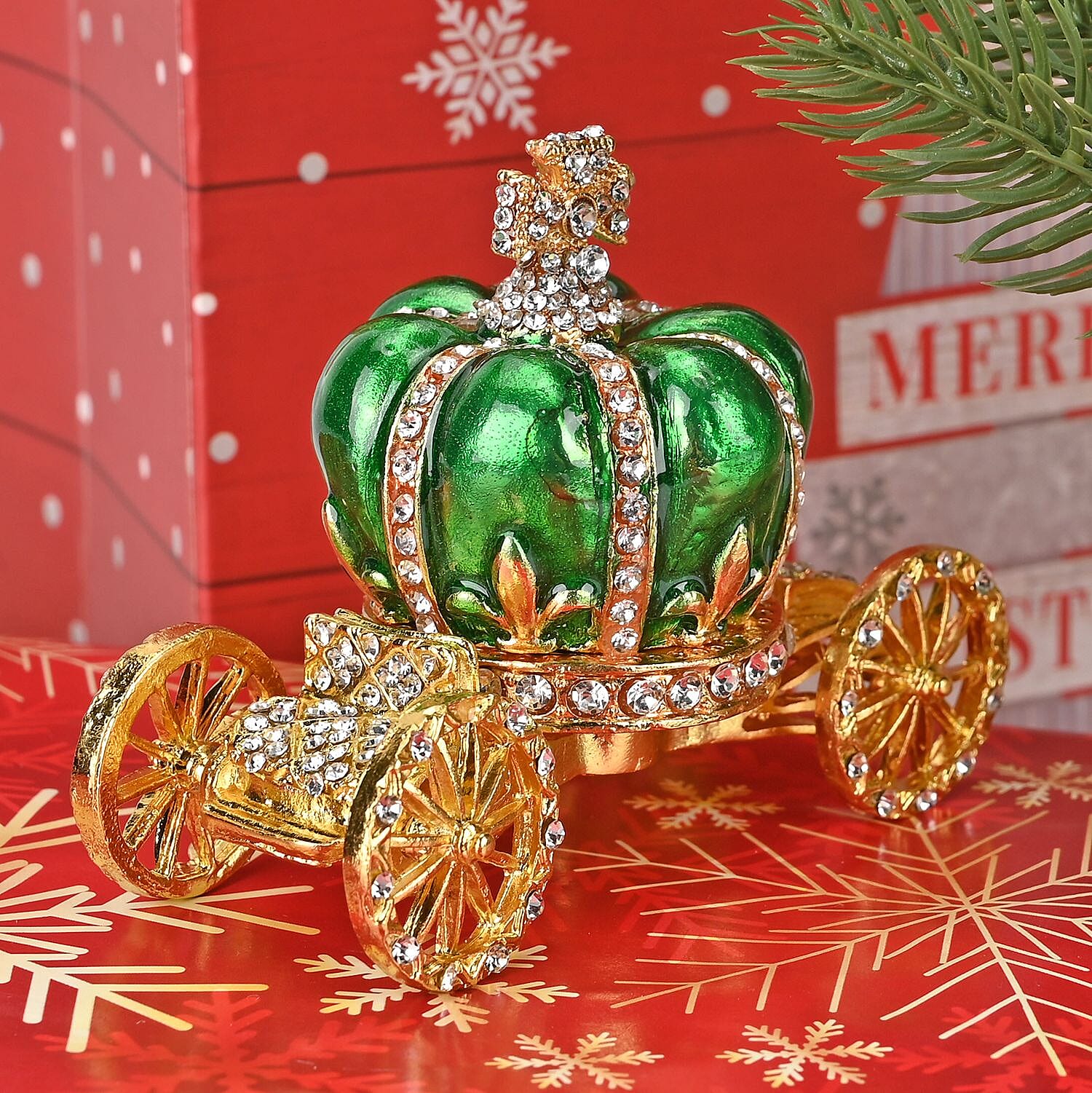  Pumpkin Cart Hand Painted Trinket Storage Box Enamelled With Sparkling Crystals - Green & Gold