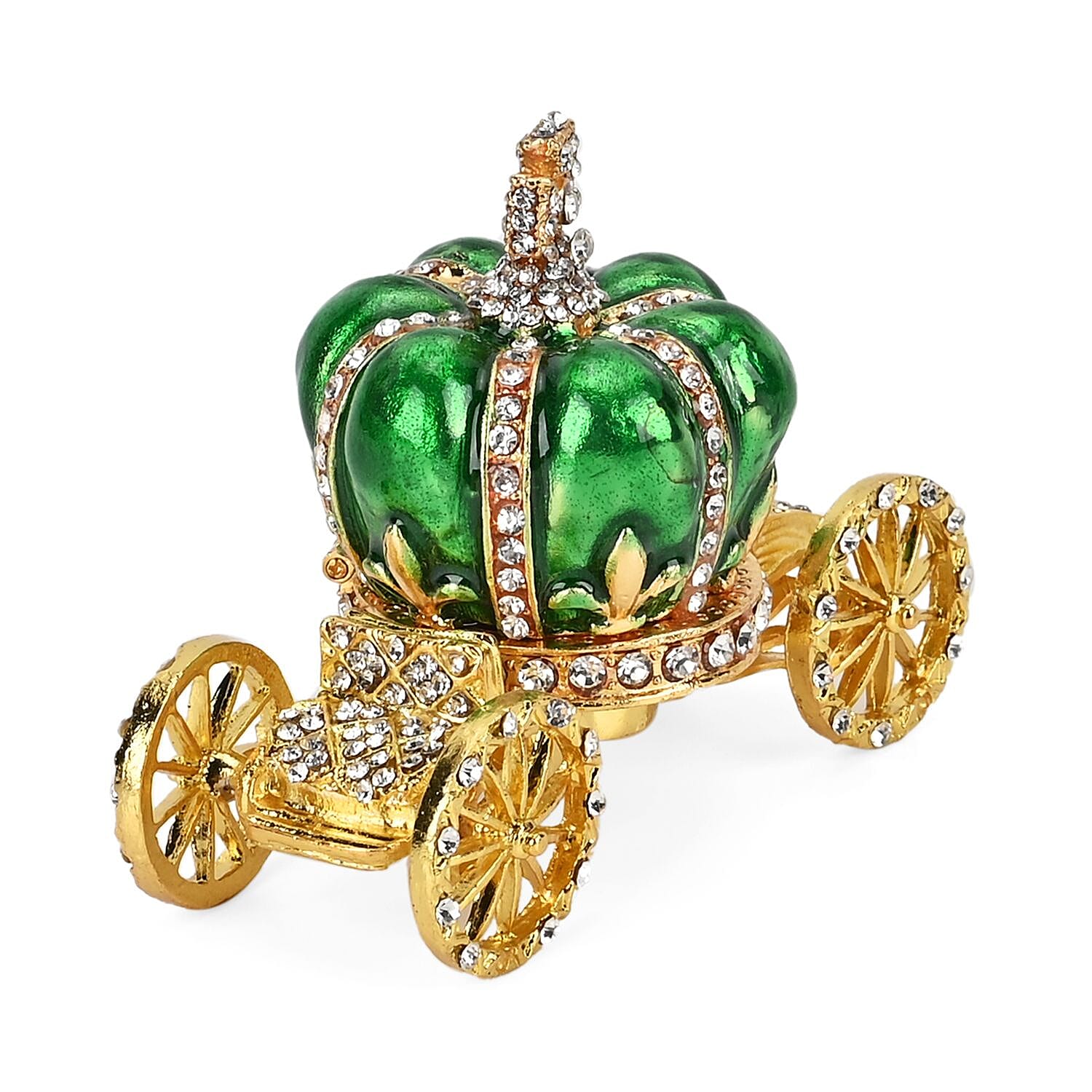  Pumpkin Cart Hand Painted Trinket Storage Box Enamelled With Sparkling Crystals - Green & Gold