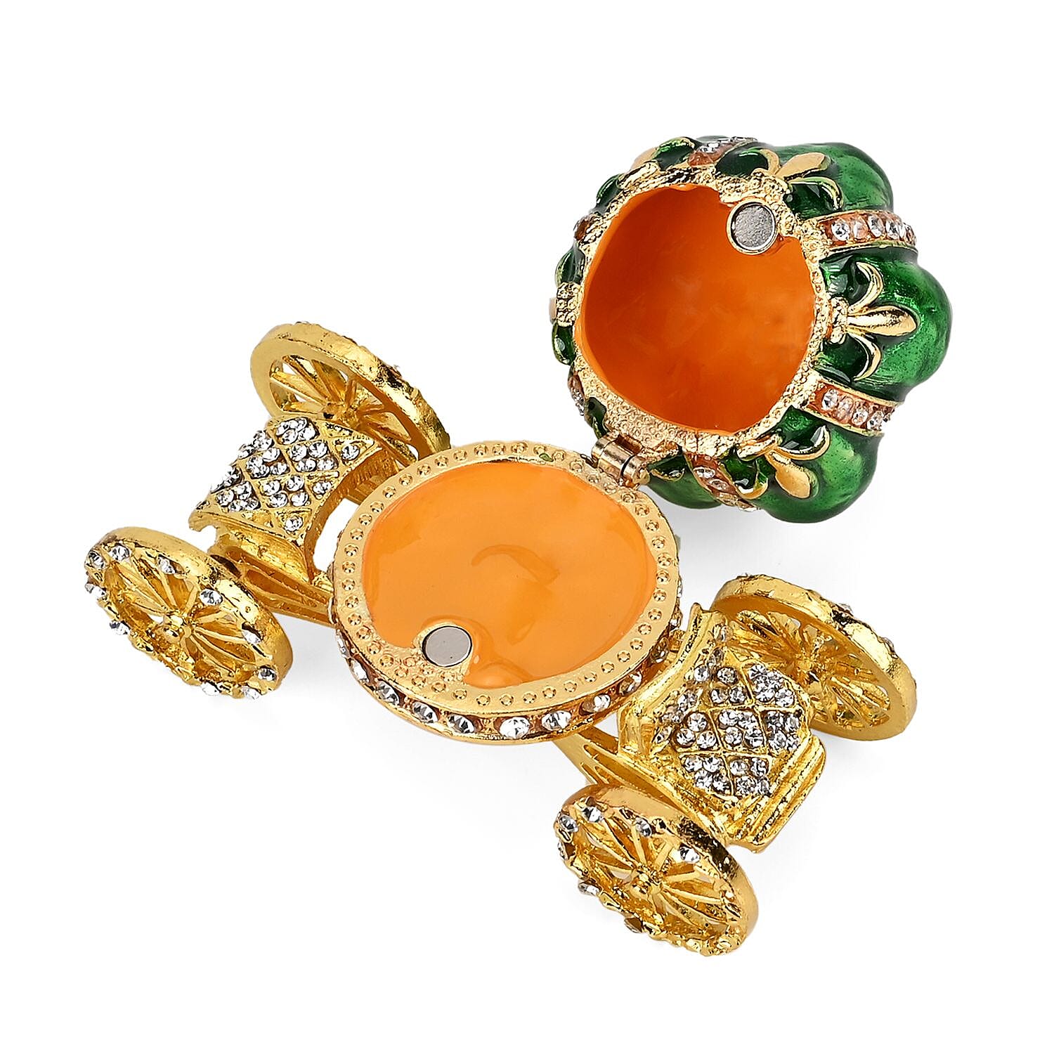  Pumpkin Cart Hand Painted Trinket Storage Box Enamelled With Sparkling Crystals - Green & Gold