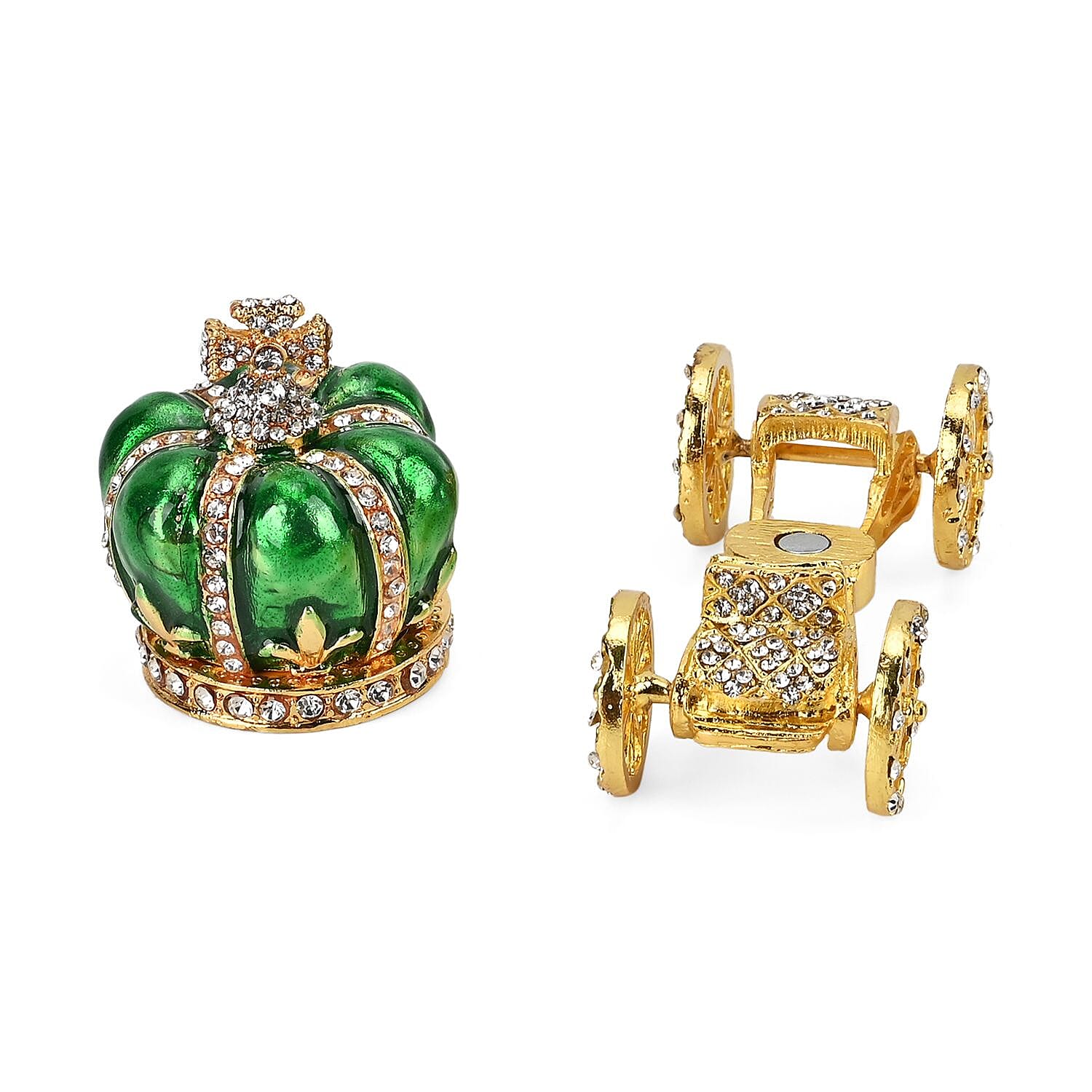  Pumpkin Cart Hand Painted Trinket Storage Box Enamelled With Sparkling Crystals - Green & Gold