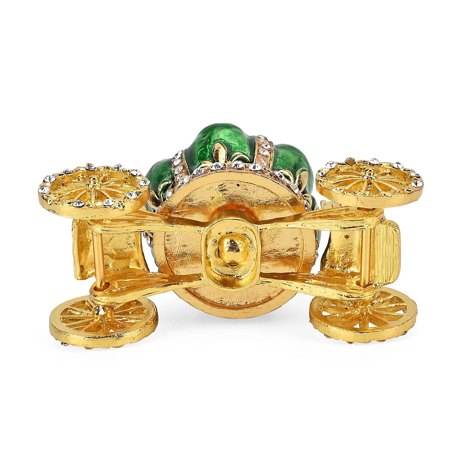  Pumpkin Cart Hand Painted Trinket Storage Box Enamelled With Sparkling Crystals - Green & Gold