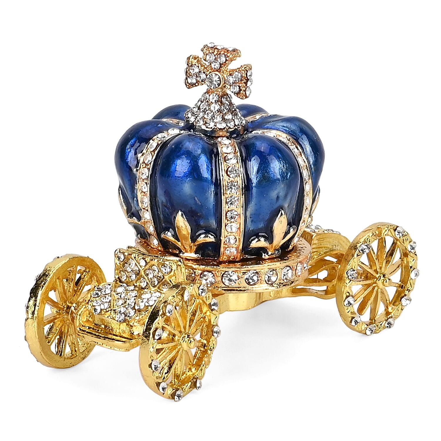 Pumpkin Cart Hand Painted Trinket Storage Box Enamelled With Sparkling Crystals - Blue & Gold
