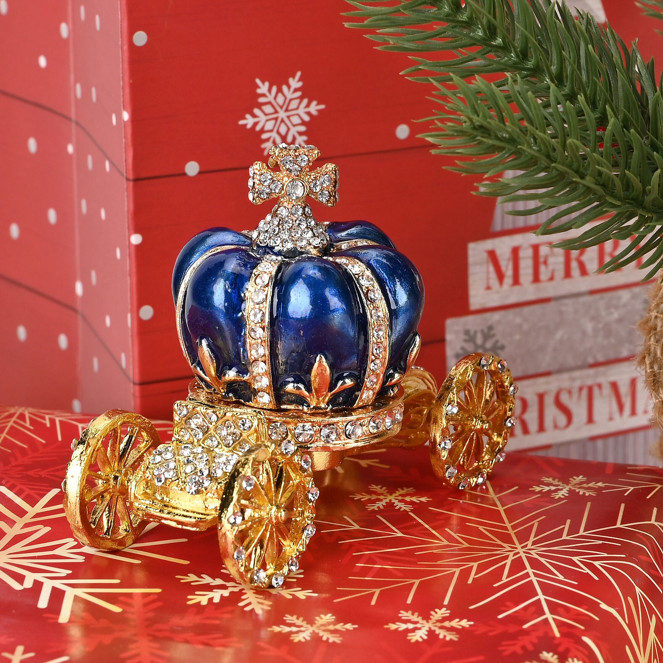 Pumpkin Cart Hand Painted Trinket Storage Box Enamelled With Sparkling Crystals - Blue & Gold