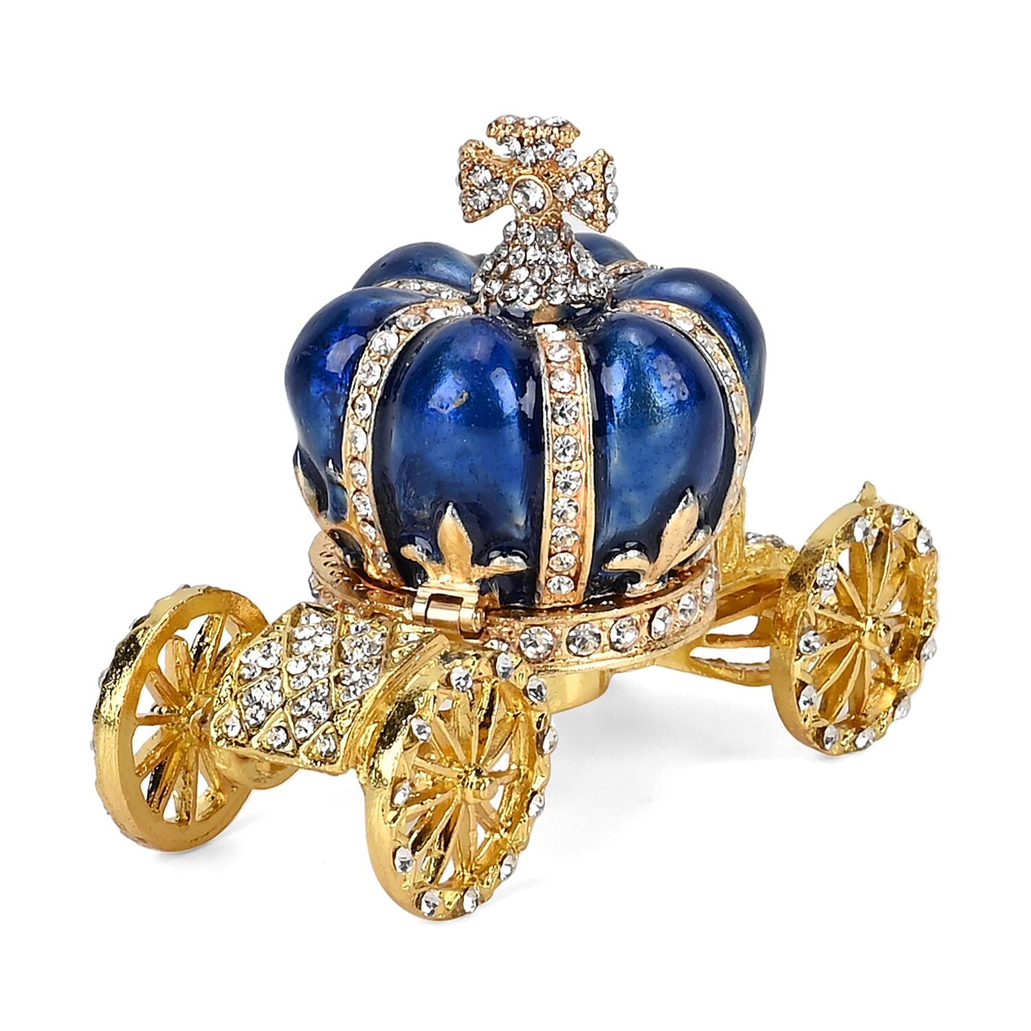 Pumpkin Cart Hand Painted Trinket Storage Box Enamelled With Sparkling Crystals - Blue & Gold