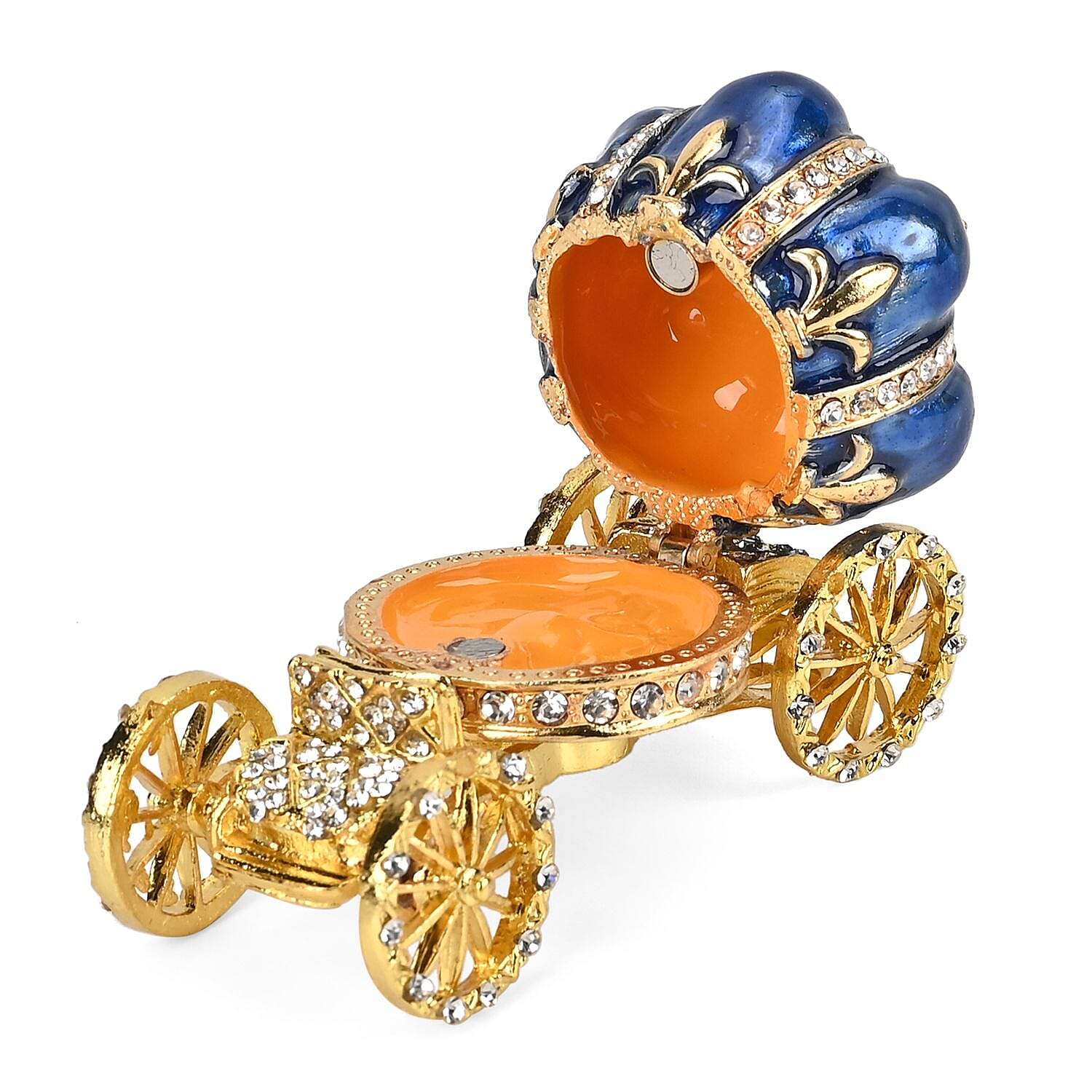 Pumpkin Cart Hand Painted Trinket Storage Box Enamelled With Sparkling Crystals - Blue & Gold