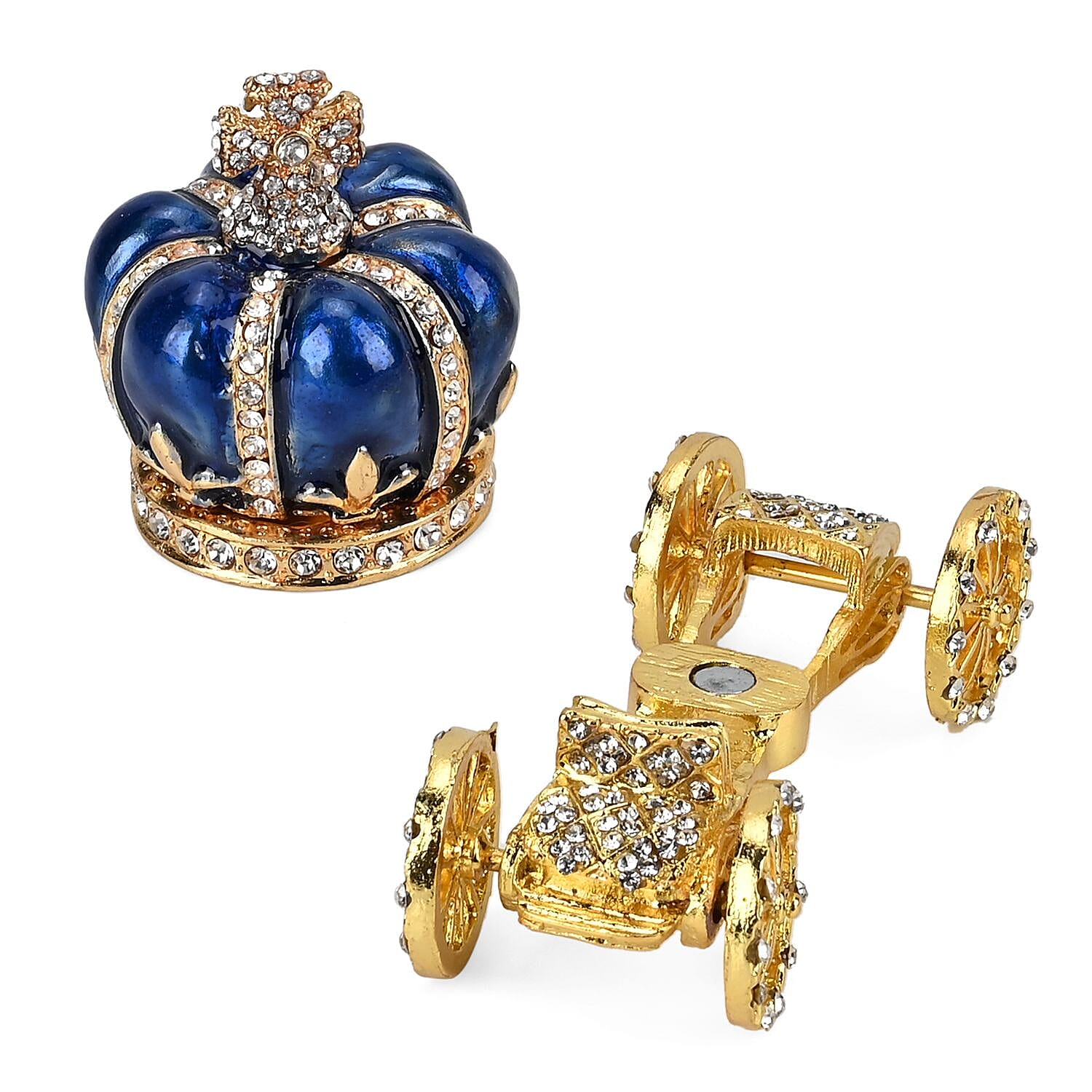 Pumpkin Cart Hand Painted Trinket Storage Box Enamelled With Sparkling Crystals - Blue & Gold