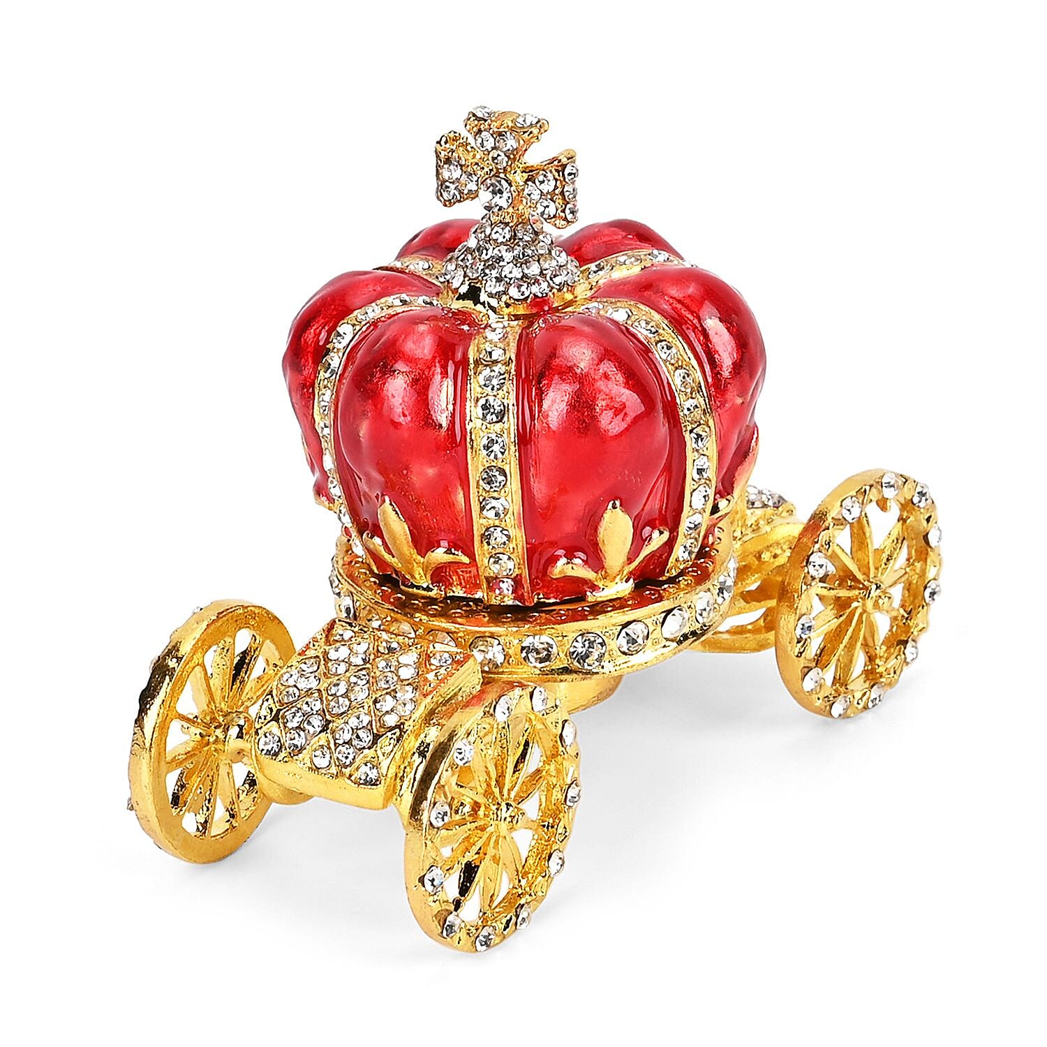 Pumpkin Cart Hand Painted Trinket Storage Box Enamelled With Sparkling Crystals - Red & Gold