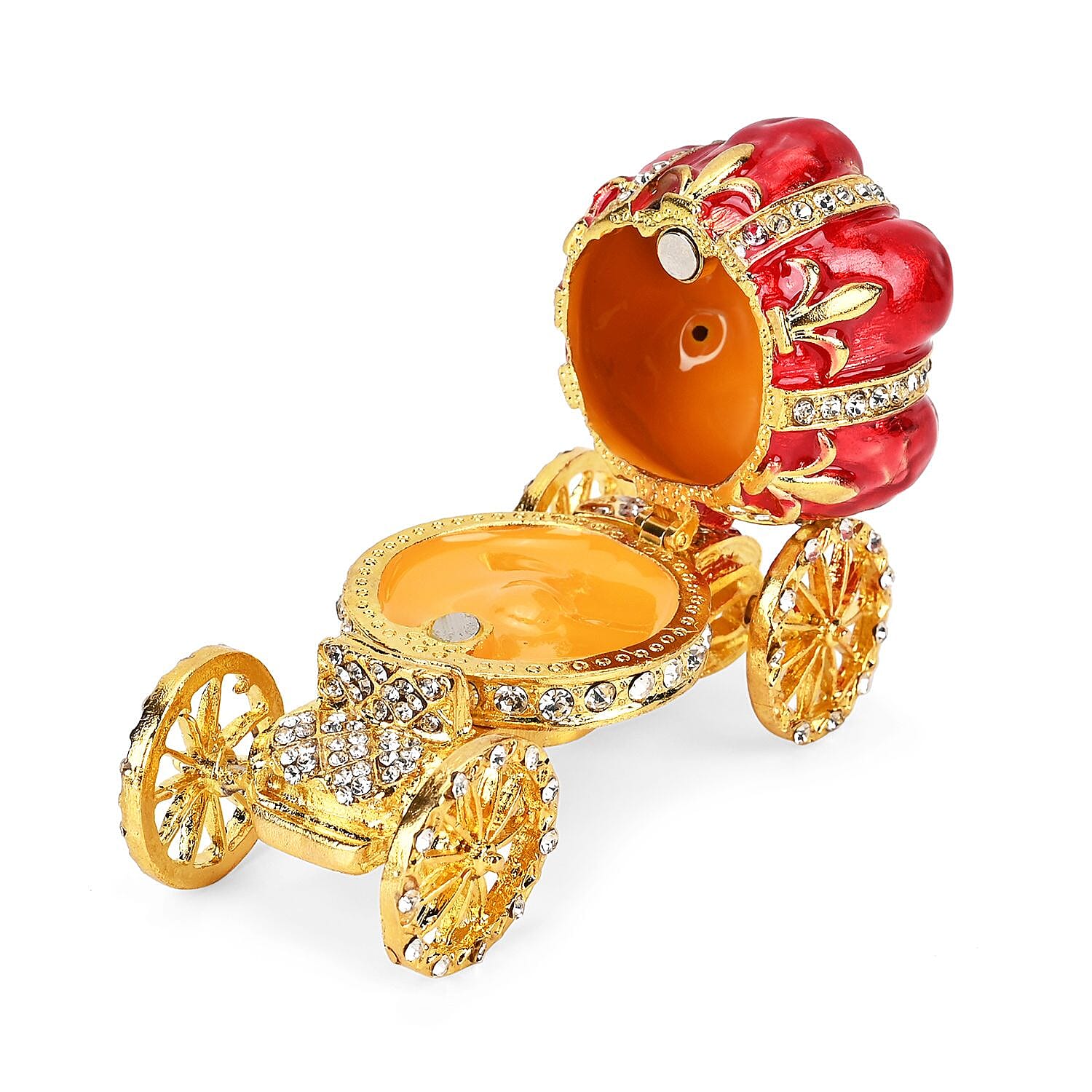 Pumpkin Cart Hand Painted Trinket Storage Box Enamelled With Sparkling Crystals - Red & Gold
