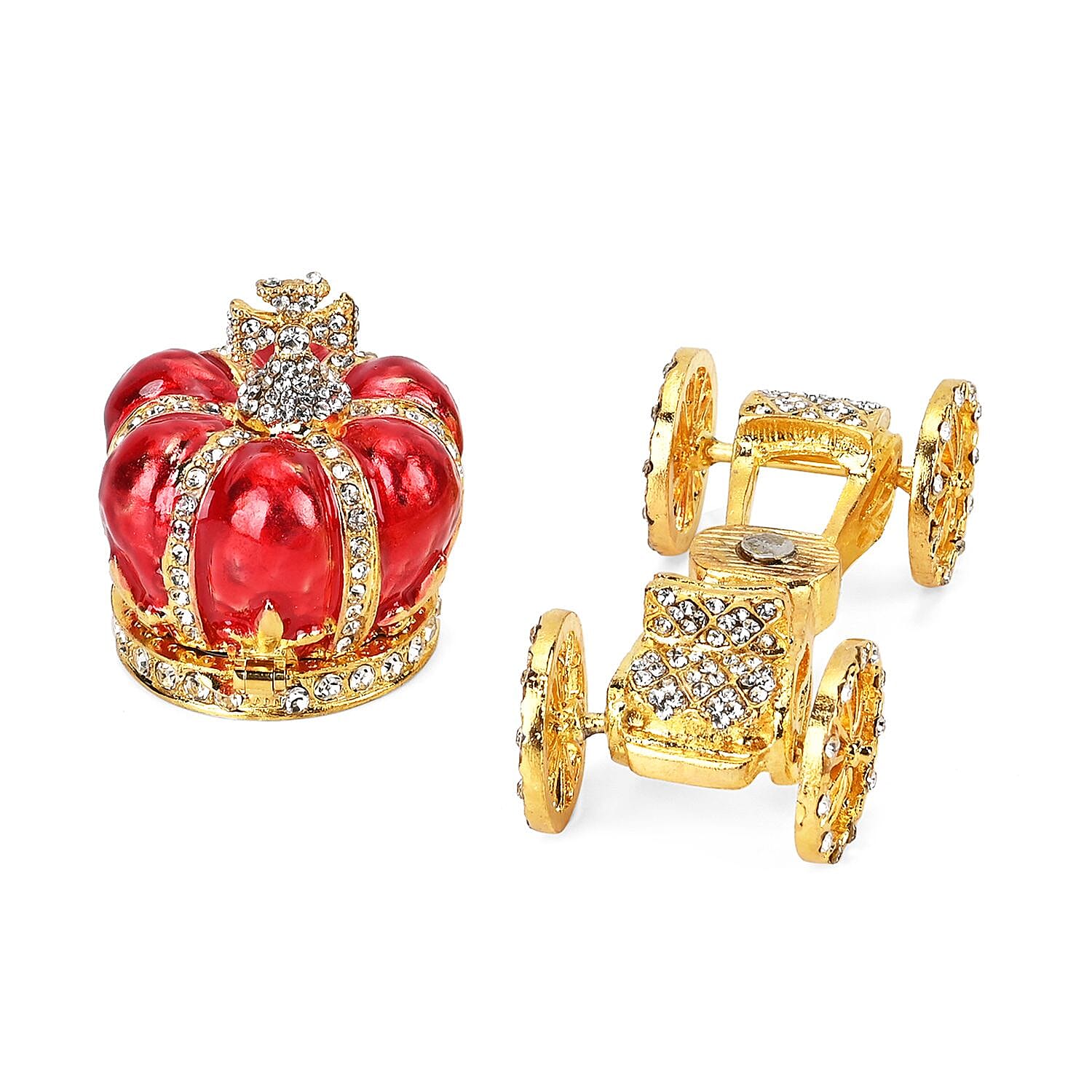 Pumpkin Cart Hand Painted Trinket Storage Box Enamelled With Sparkling Crystals - Red & Gold