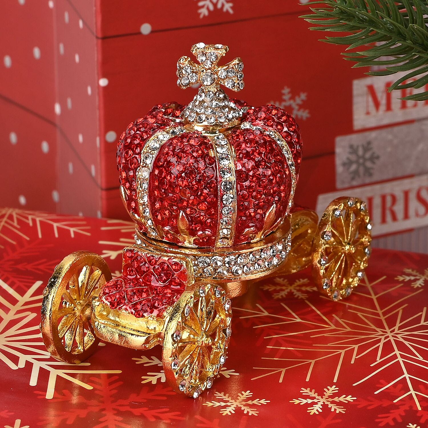 Pumpkin Cart Hand Painted Trinket Storage Box Enamelled With Sparkling Crystals - Blue & Gold